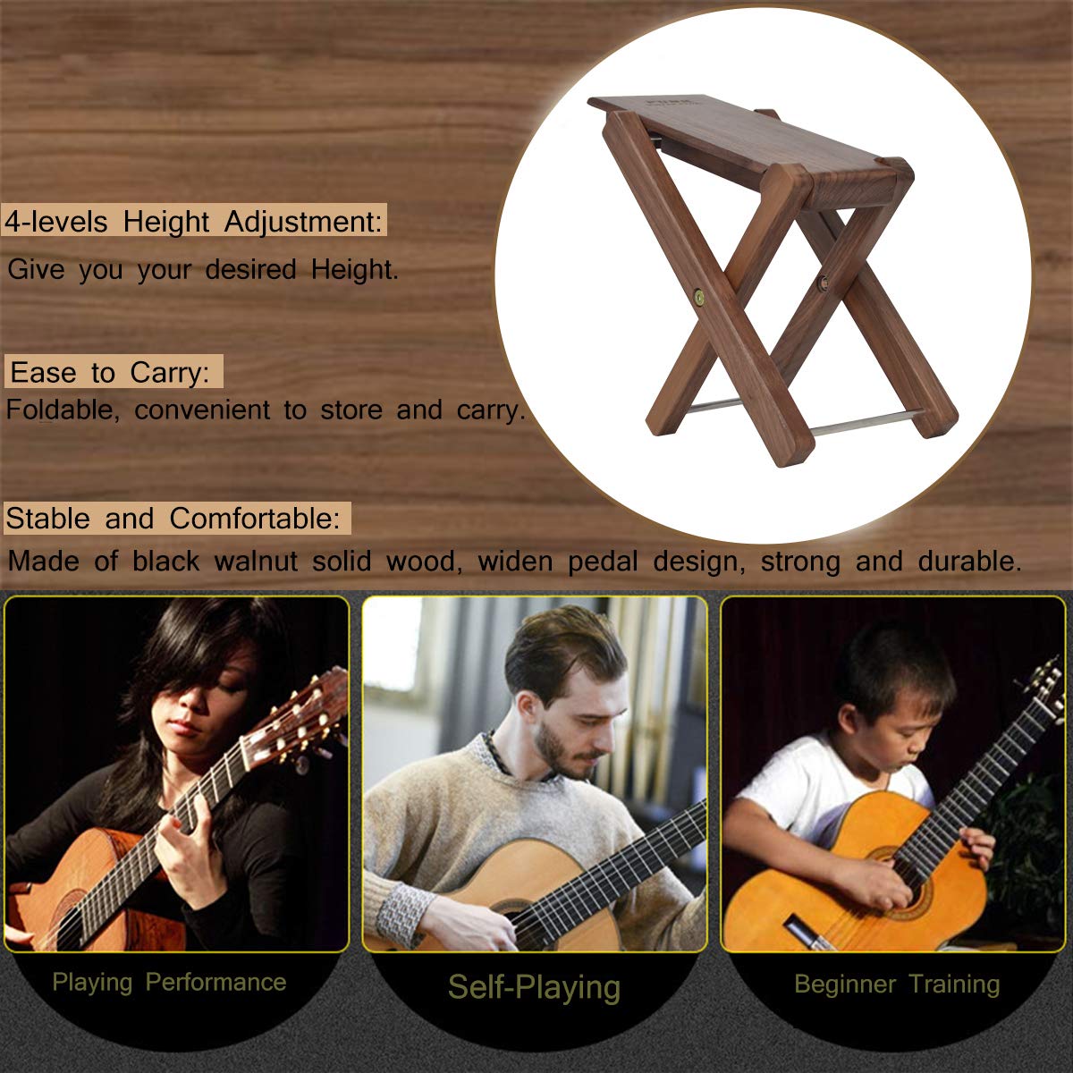 Guitar Foot Stool Black Walnut Solid Wood Guitar Pedal Guitar Foot Rest Stool Pedal 4-Level Adjustable Folding Wood Footstool Pedal