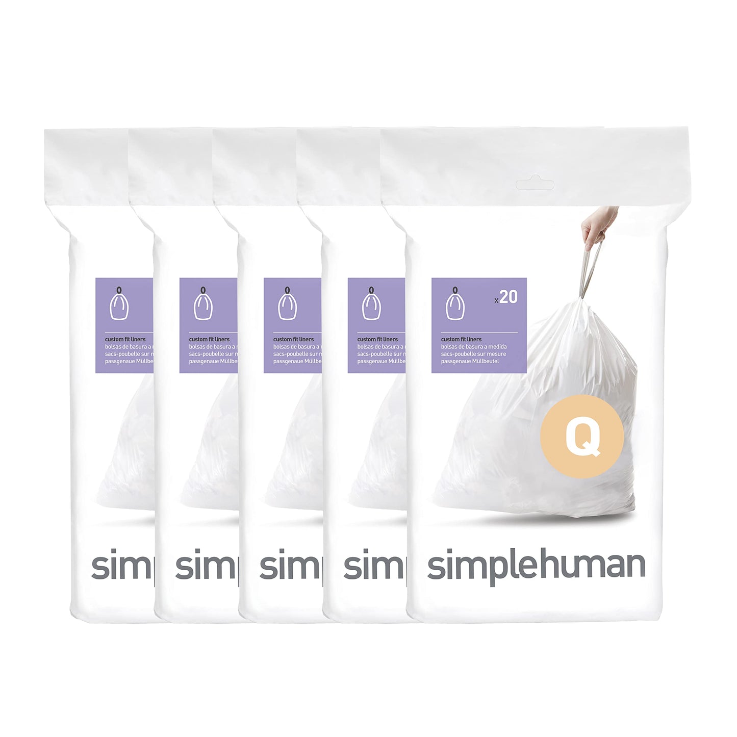 simplehuman Code Q 100 Count, Dispenser Pack Custom Fit Liners, Drawstring Trash Bags, 50-65L / 13-17 Gallons, White