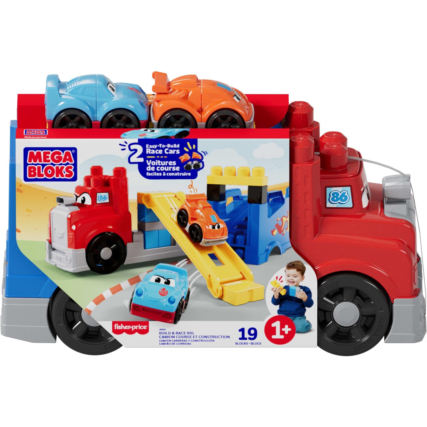 MEGA BLOKS First Builders Toddler Building Blocks Toy Set, Build & Race Rig with 19 Pieces, 2 Race Cars and Storage, Red, Ages 1+ Years