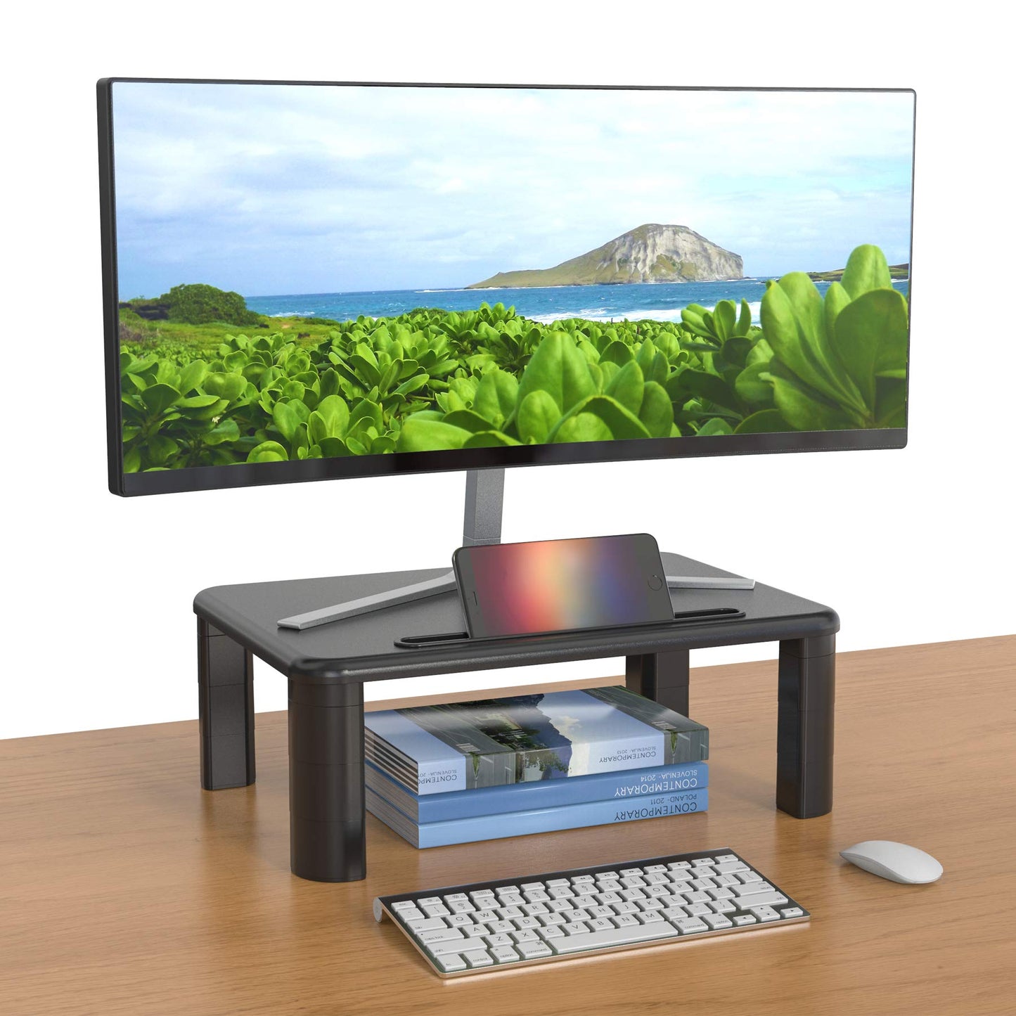 SHOPPINGALL Monitor Stand Riser with 4 Adjustable Height for Computer, iMac, Printer, Laptop, Desk with Tablet & Phone Holder and Cable Management Slot – SA-MR01X2