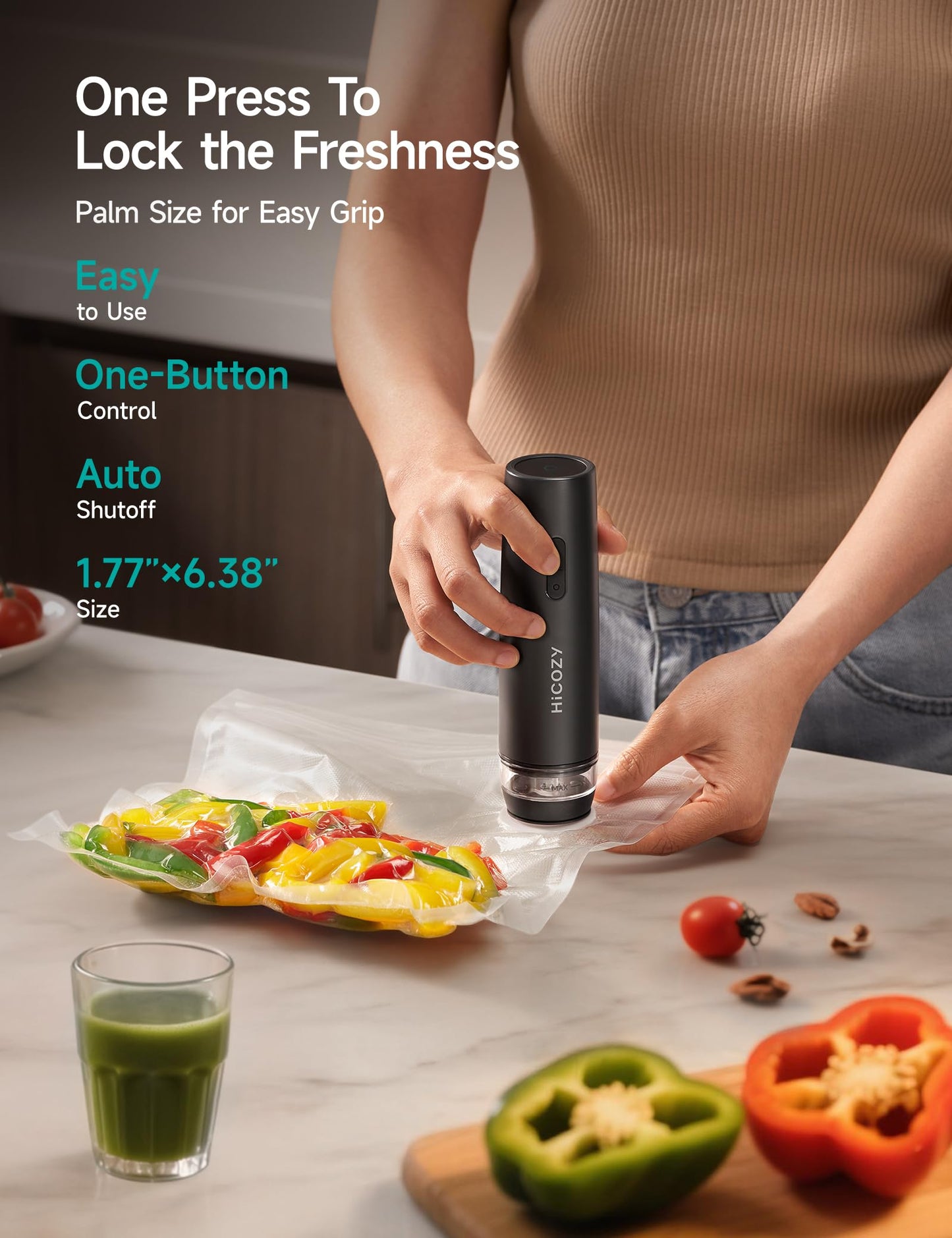 HiCOZY Vacuum Sealer, Handheld Vacuum Sealer Machine with 30 Reusable Bags, Portable Food Sealer with Visible Water Tank