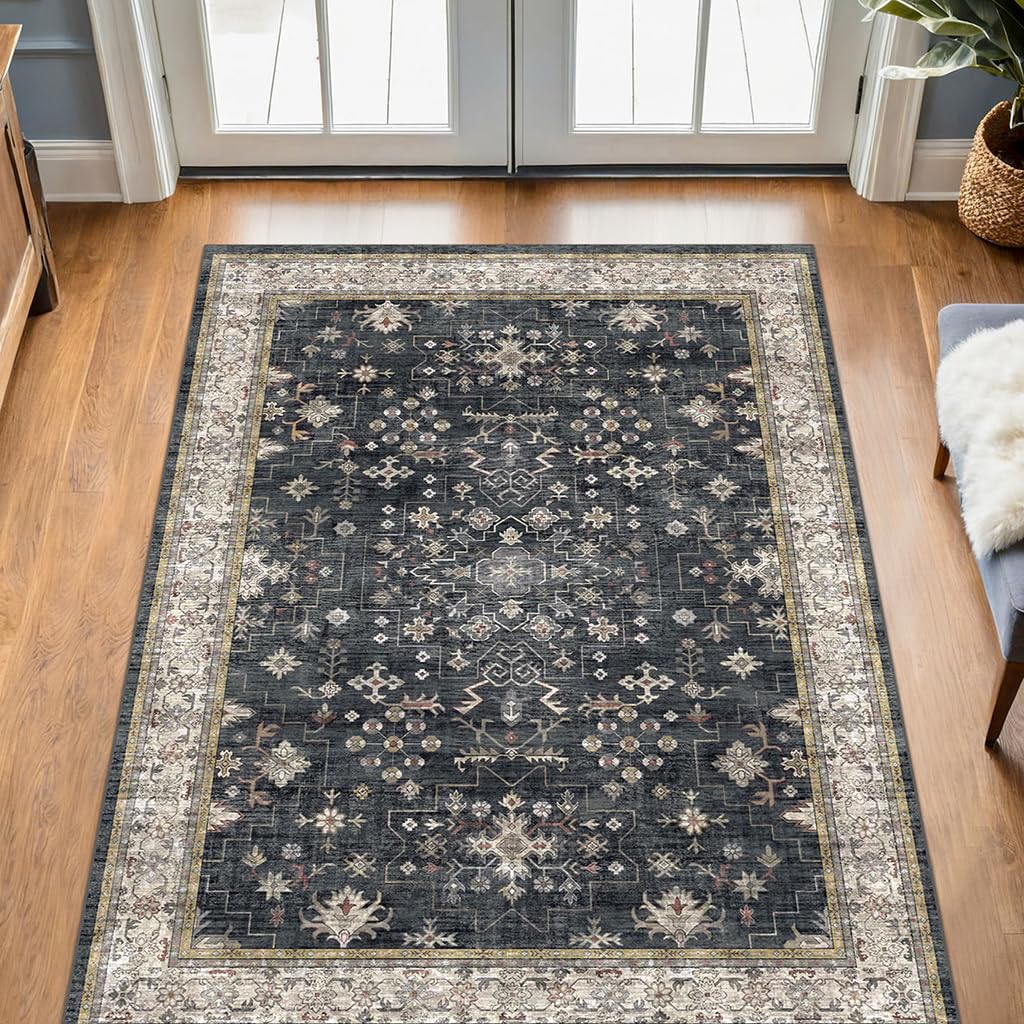 Large 3x5 Entryway Rug Indoor - Washable Non-Slip Low Pile Ultra Soft Area Rug for Large Kitchen, Bedroom Bedside, Mudroom - Boho Modern Aesthetic Geometric Decor (3x5 Black/Multi)