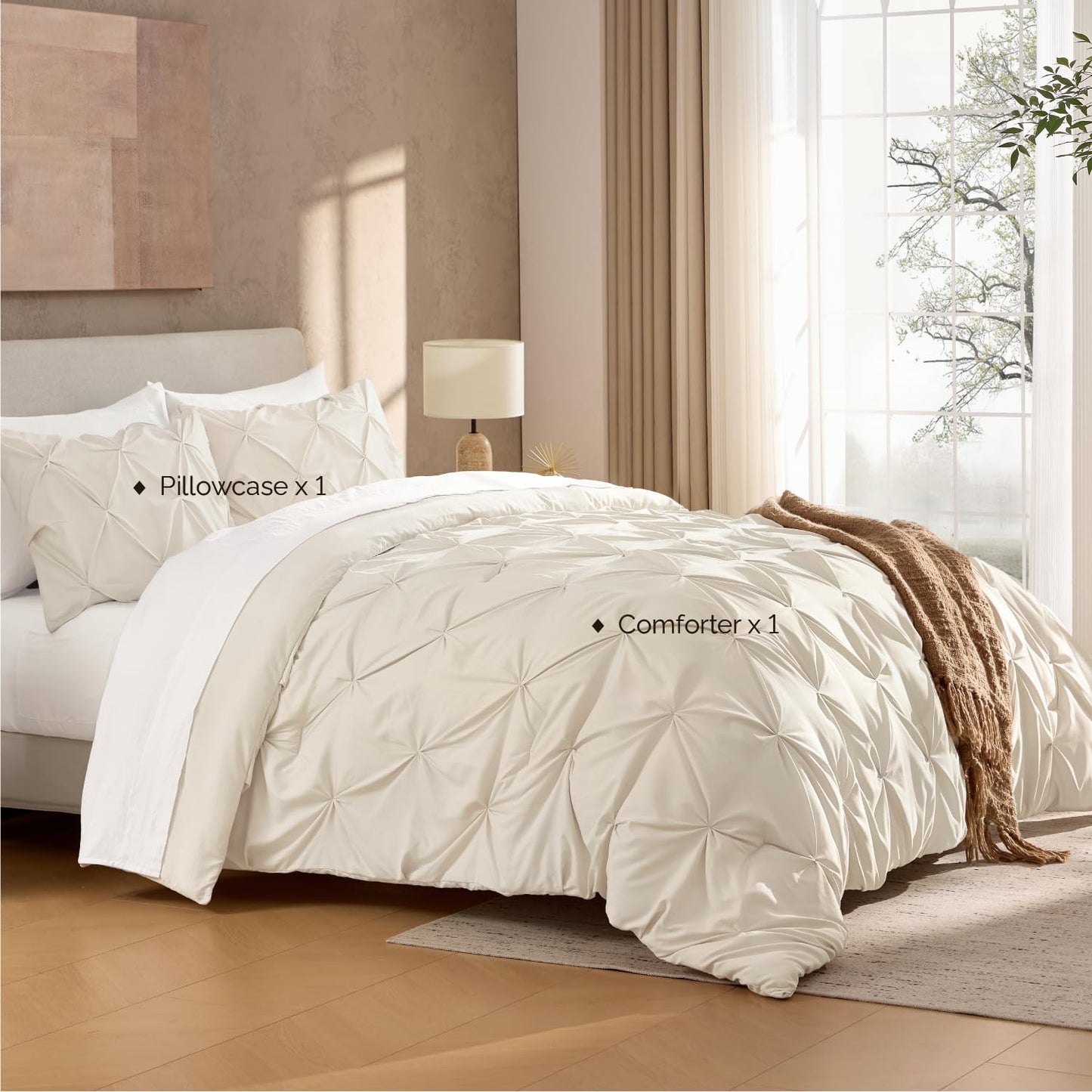 Andency Beige Comforter King (104x90Inch), 3 Pieces Pinch Pleat Lightweight Soft Comforter Set, All Season Pintuck Polyester Bedding Set