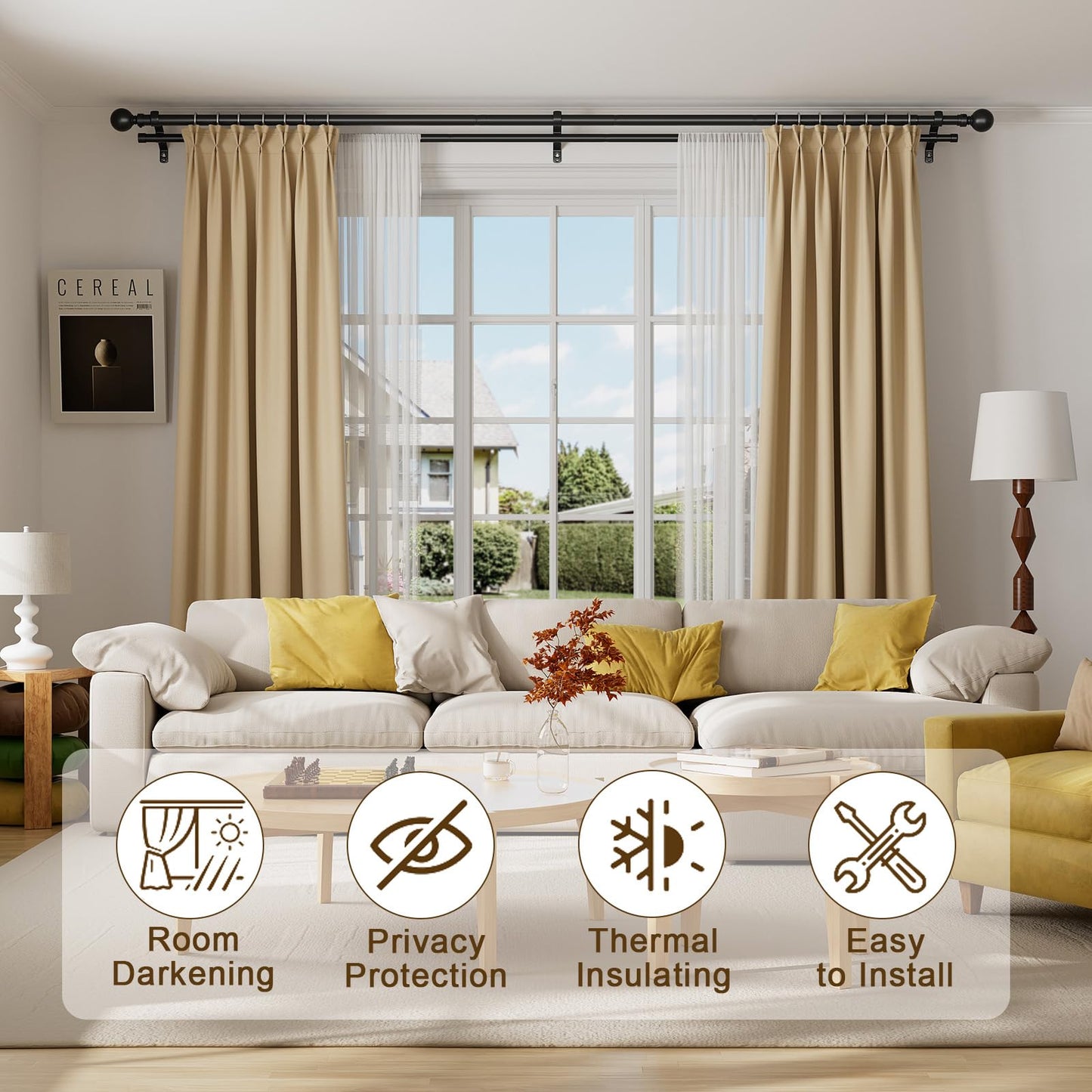 Pesenp 1” Diameter Double Curtain Rod 48-84 Inch, for 48-90 Inch Windows, Adjustable Splicing Black Curtain Rod, Extra Long Heavy Duty Drapery Rod for Living Blackout and Room Darkening Panels