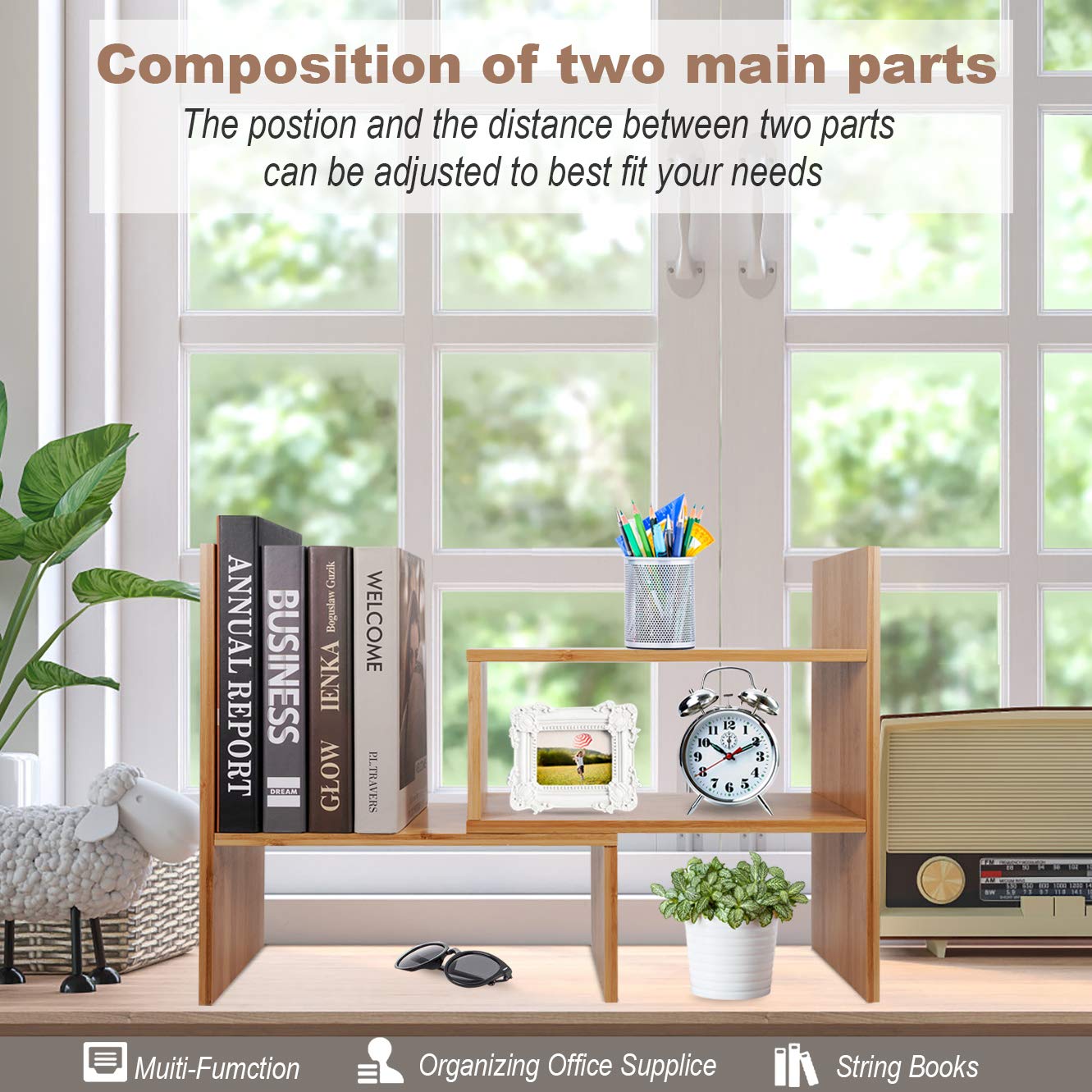 Widousy Adjustable Natural Wood Desktop Bookshelf Bamboo Desk Storage Organizer Display Shelf Rack, Counter Top Bookcase