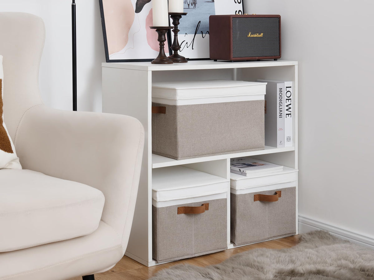 StorageWorks Lidded Large Storage Bins, Foldable Closet Basket with PU Sewn Handles, Decorative Boxes for Clothes, Blankets, Brown and White, Jumbo, 3-Pack