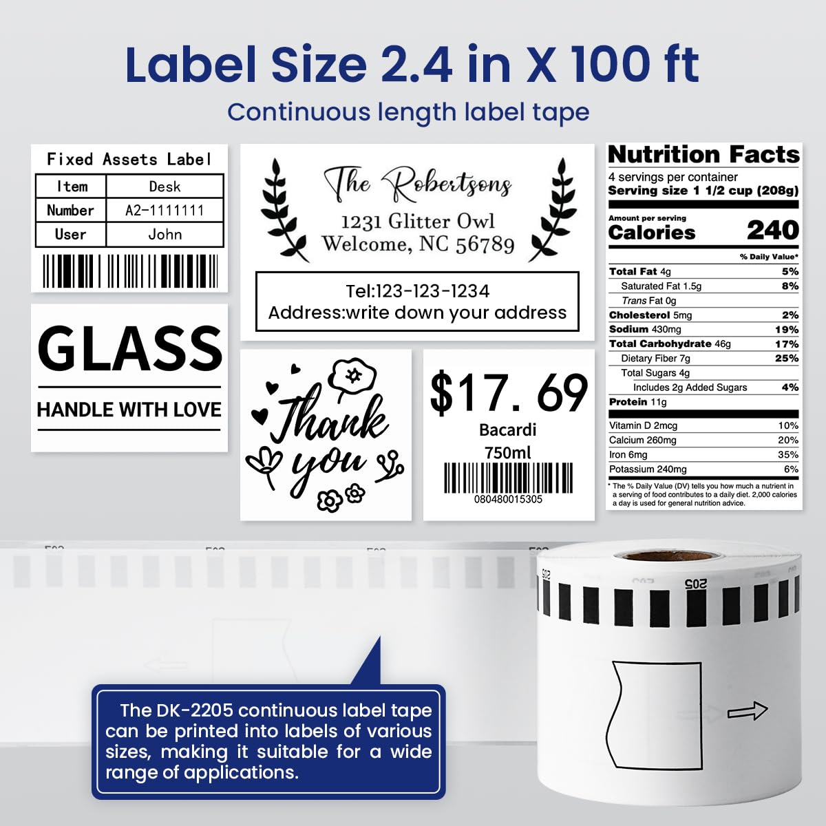 10 Rolls DK-2205 62mm x 30.48m (2-3/7" x 100') Continuous Length White Paper Label Tape Roll Compatible with Brother QL-600 800 810w Thermal Printers, 1 Frame