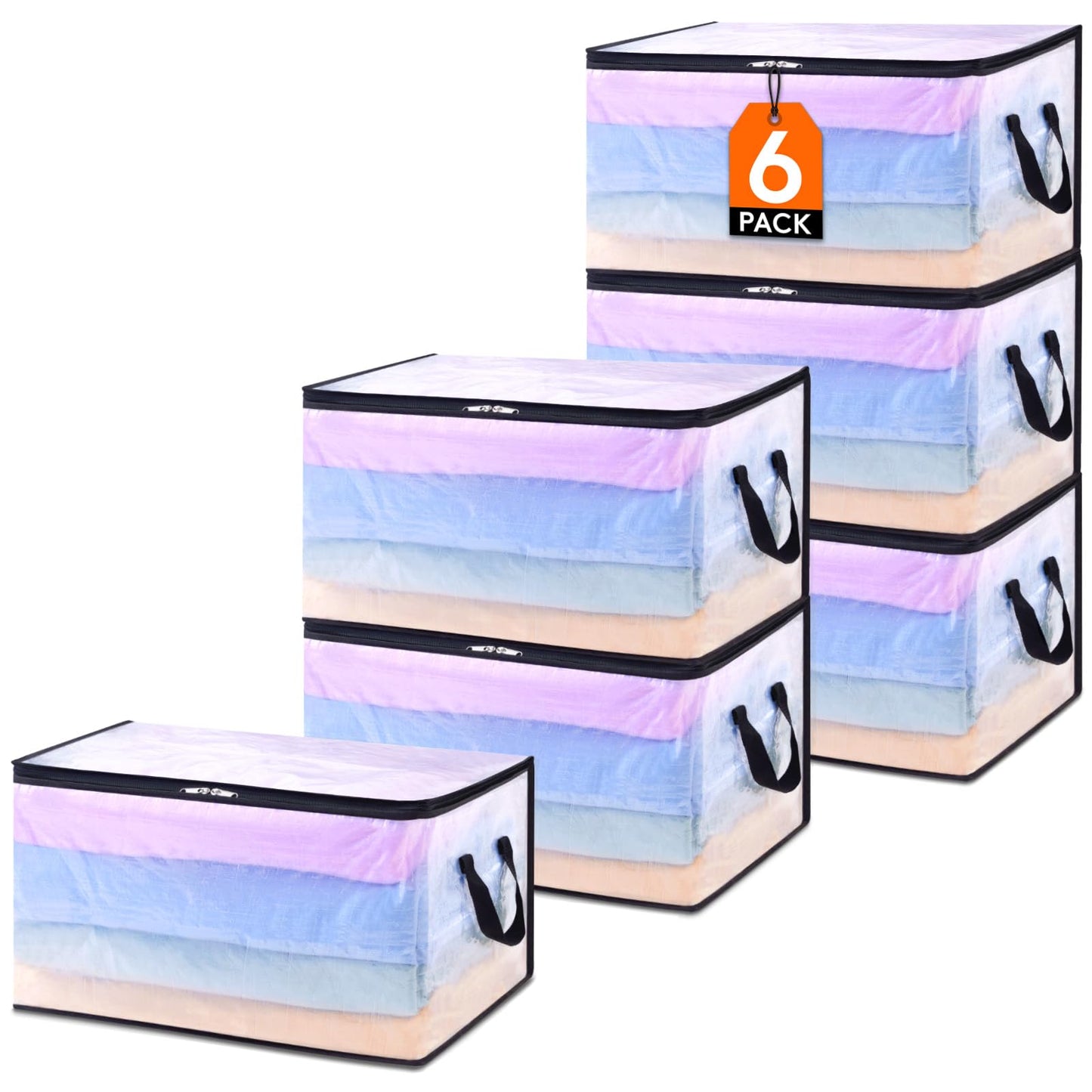 Lifewit 6 Pack Plastic Clothes Storage Bags, 60L Foldable Storage Containers Closet Organizers and Storage Moving Bags with Sturdy Zipper Lids Reinforced Handle for Bedding, Blanket, Comforter