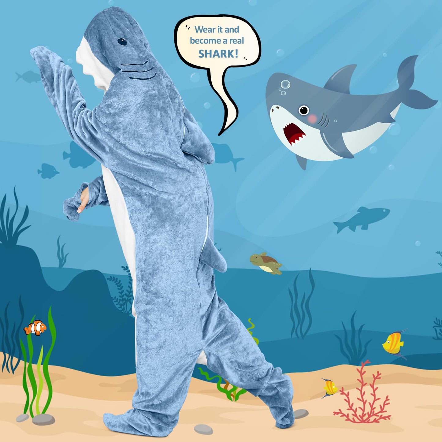 Ambitelligence Shark Blanket Hoodie Onesie for Adults and Kids, Cozy Flannel Shark Costume Sleeping Bag Grey
