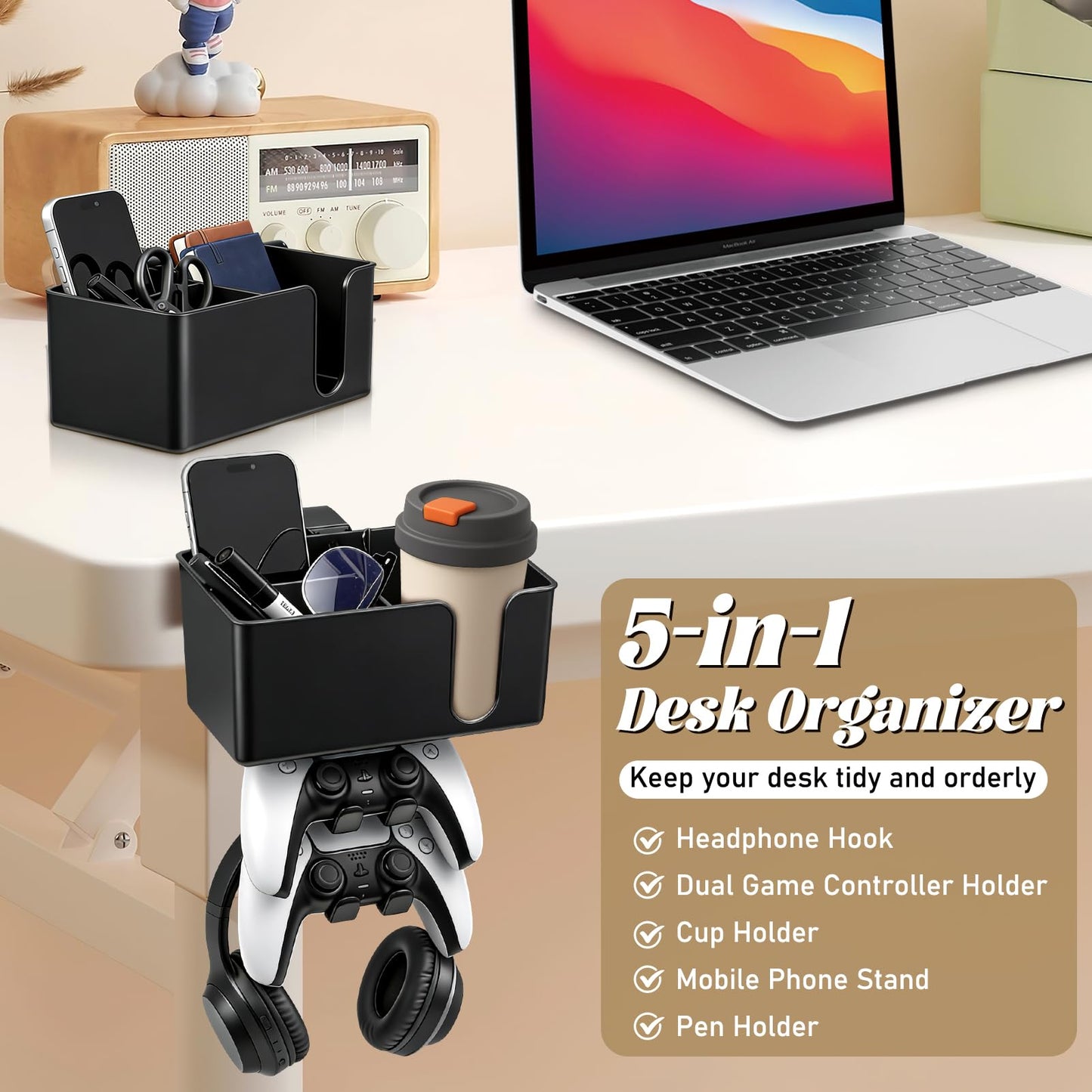 Innonew 5 in 1 Controller Holder - Desk Cup Holder and Headphone Hanger, Rotatable Under Desk Clamp Organizer Dual Gamepad Headset Stand Gaming Desk Accessories for Xbox, PS4, PS5, PC, Switch