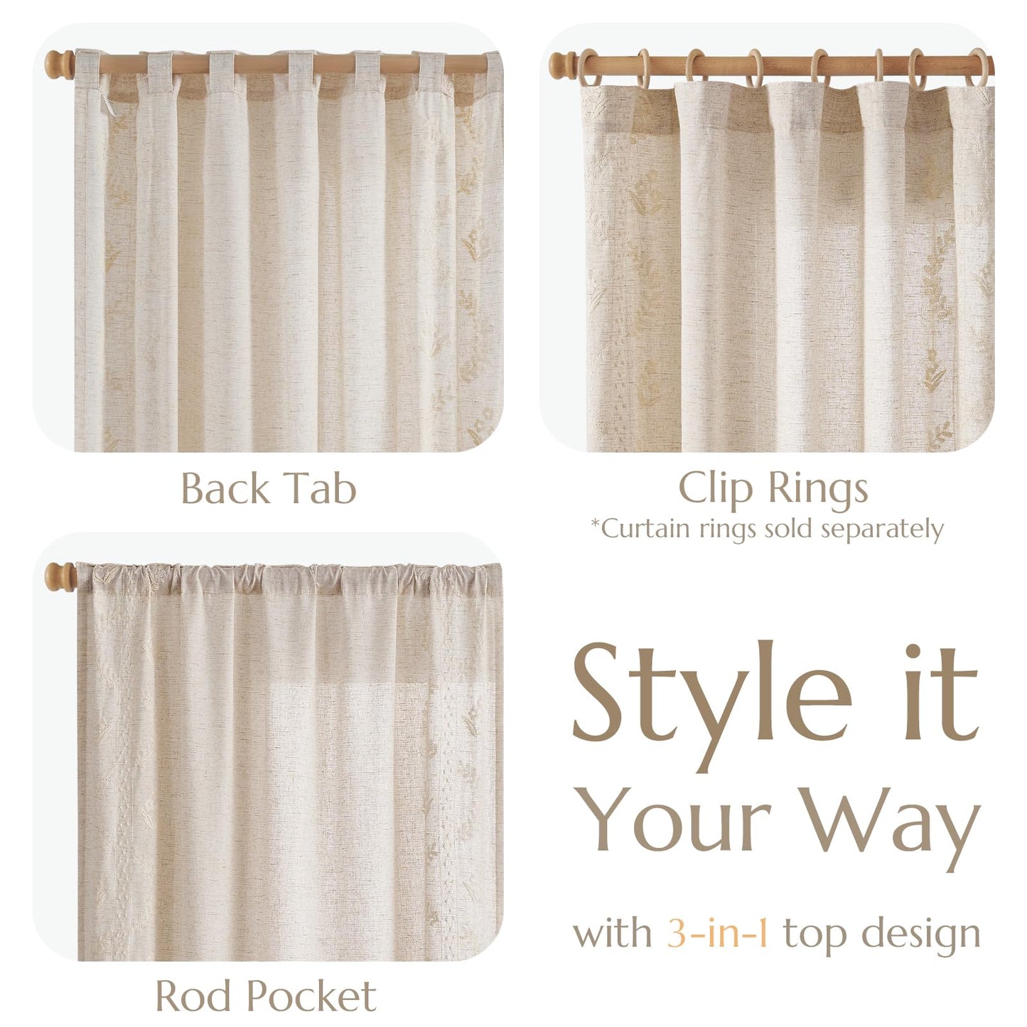 JINCHAN Linen Curtains for Bedroom Floral Curtains 84 Inch Length Linen Blend Ivory Embroidered Drapes Farmhouse Flower Patterned Drapes for Living Room Window Treatments Set 2 Panels