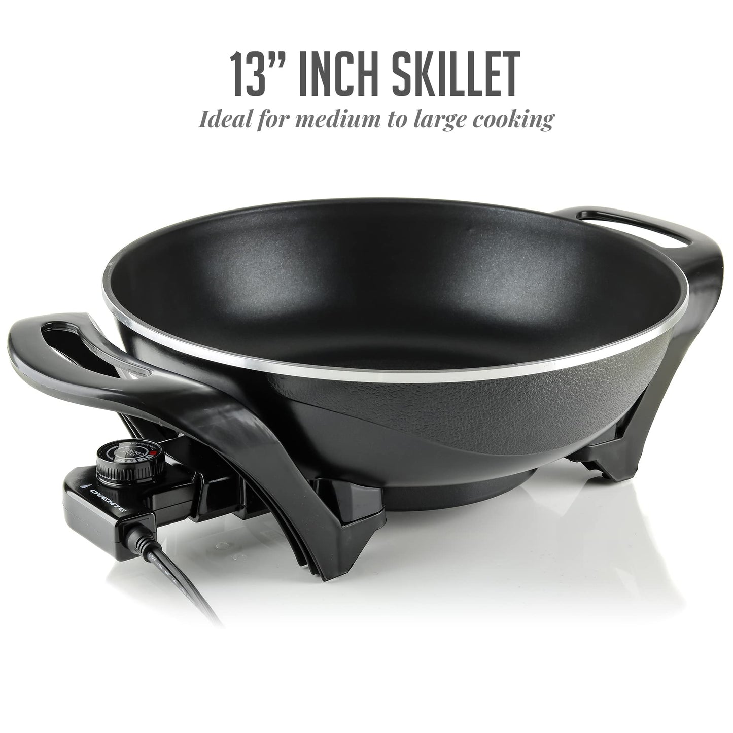 Ovente Sk3113B Non-Stick Electric Skillet with Aluminum Body, 13 Inch, Adjustable Temperature Controller/Regulator Included, Tempered Glass Cover, Cool-Touch Handles