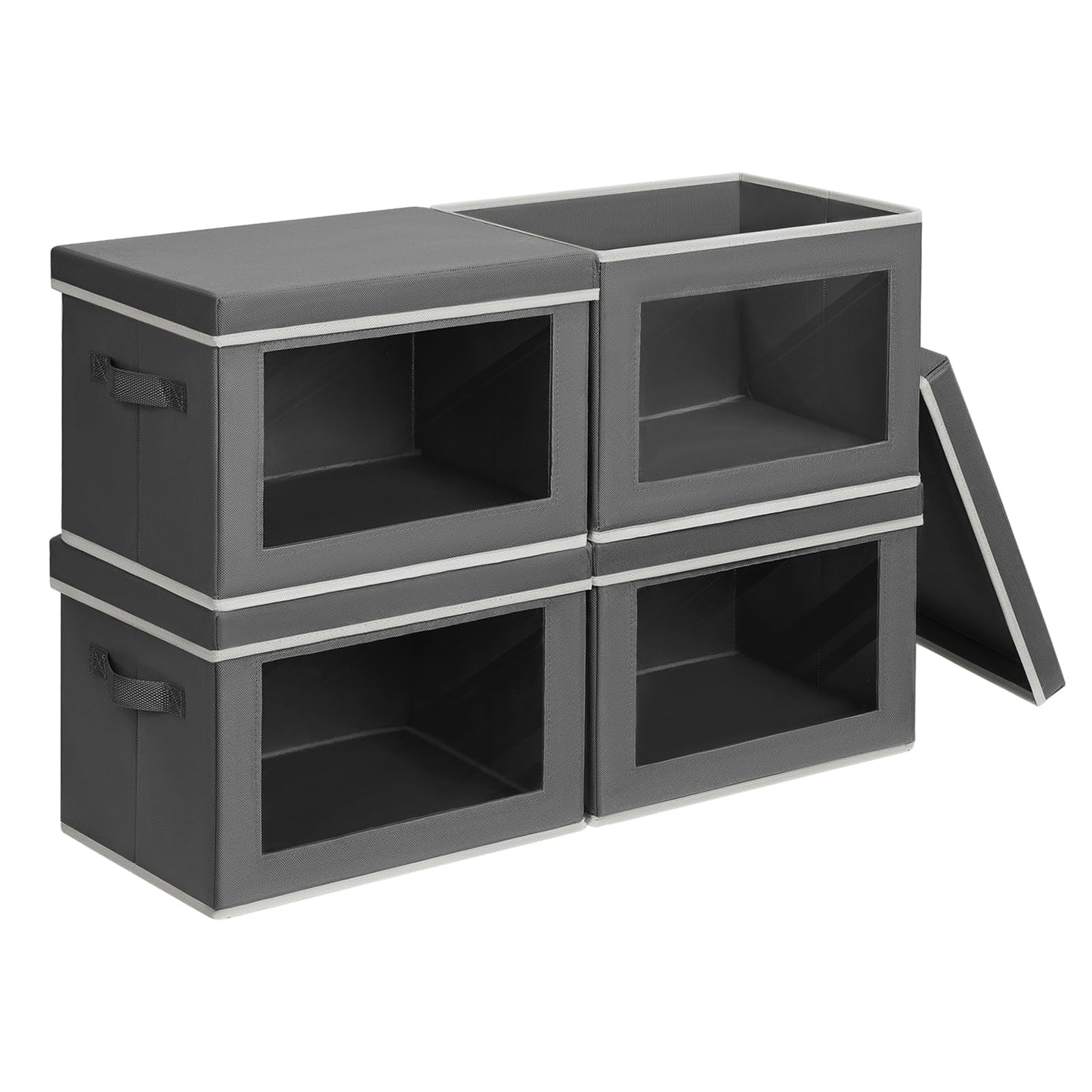 DIMJ Fabric Storage Box with Lid - 4 Pack Stackable Large Closet Storage Bins with Lid & Clear Window for Clothes, Foldable Decorative Basket Organizer Living Room,Bedroom,Office, Dark Grey