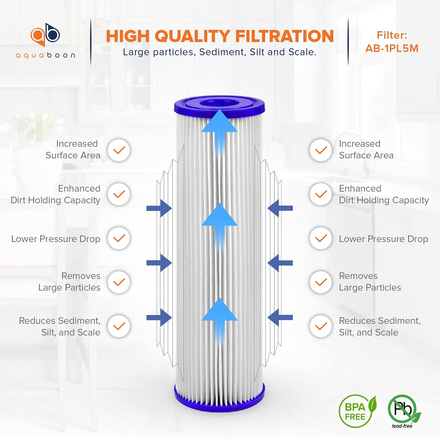 Aquaboon 5 Micron Pleated Water Filter 10 x 2.5 - Whole House Sediment Filter Replacement Cartridge Compatible with WFPFC3002, WHKF-WHPL, 6-Pack