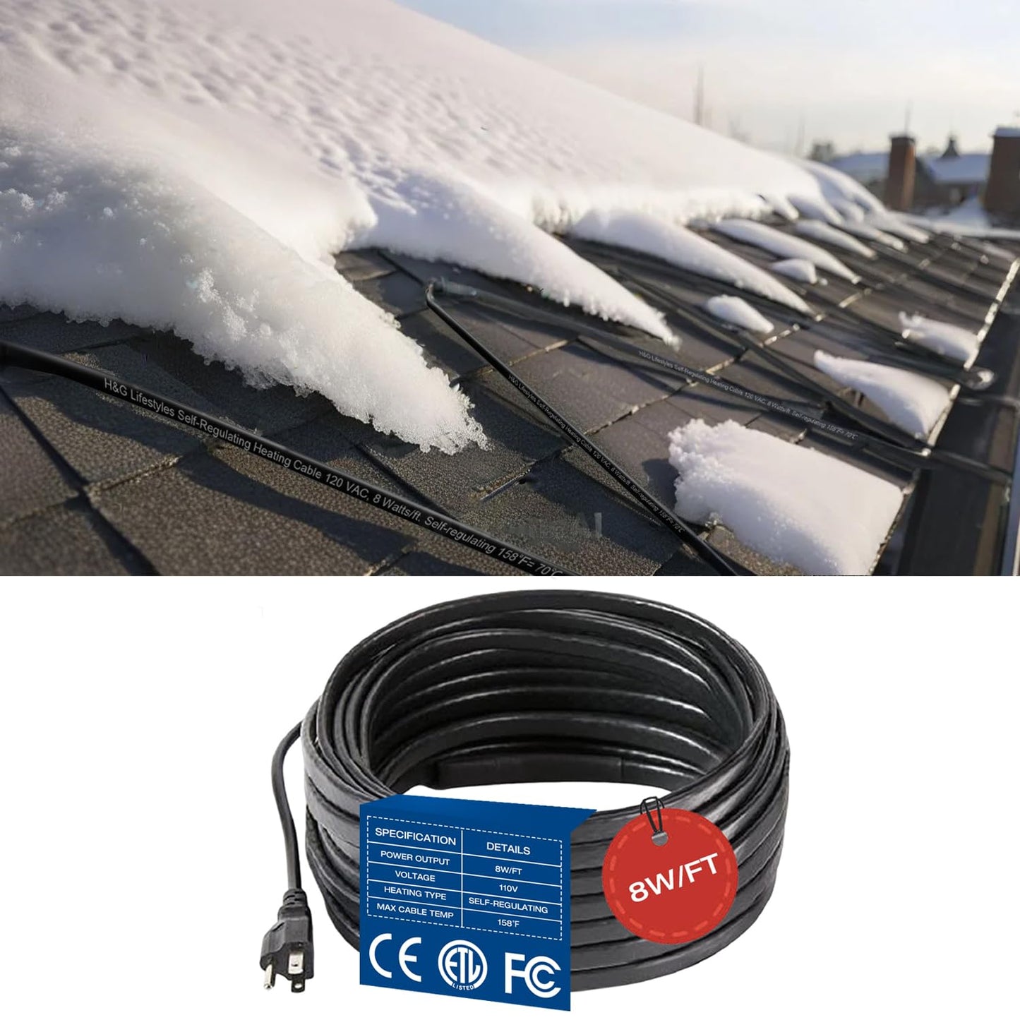 H&G lifestyles 8W/FT Roof Heat Cable for Roof and Gutters, Self-Regulating Heaters to Prevent Ice Dams,Heavy Duty Heat Tapes for Snow De-Icing, 8Watts per Foot Patented Heating Technology 50FT