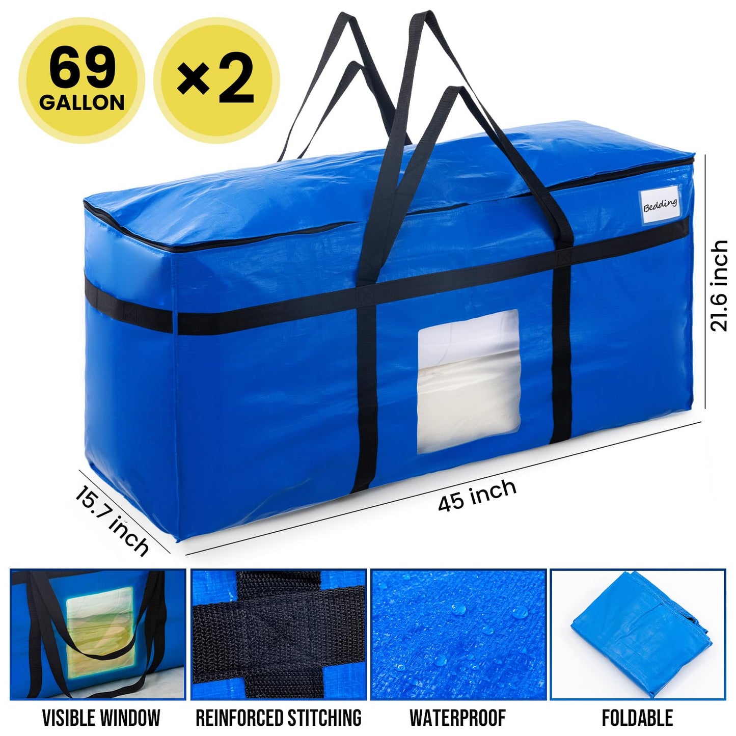 TAILI 69 Gallon Extra Large Storage Bags, XXL Blue Heavy Duty Moving Bags for Storage with Visible Window, Wrap Around Handles, Totes for Space Saving, Alternative to Moving Boxes (2 Pack)