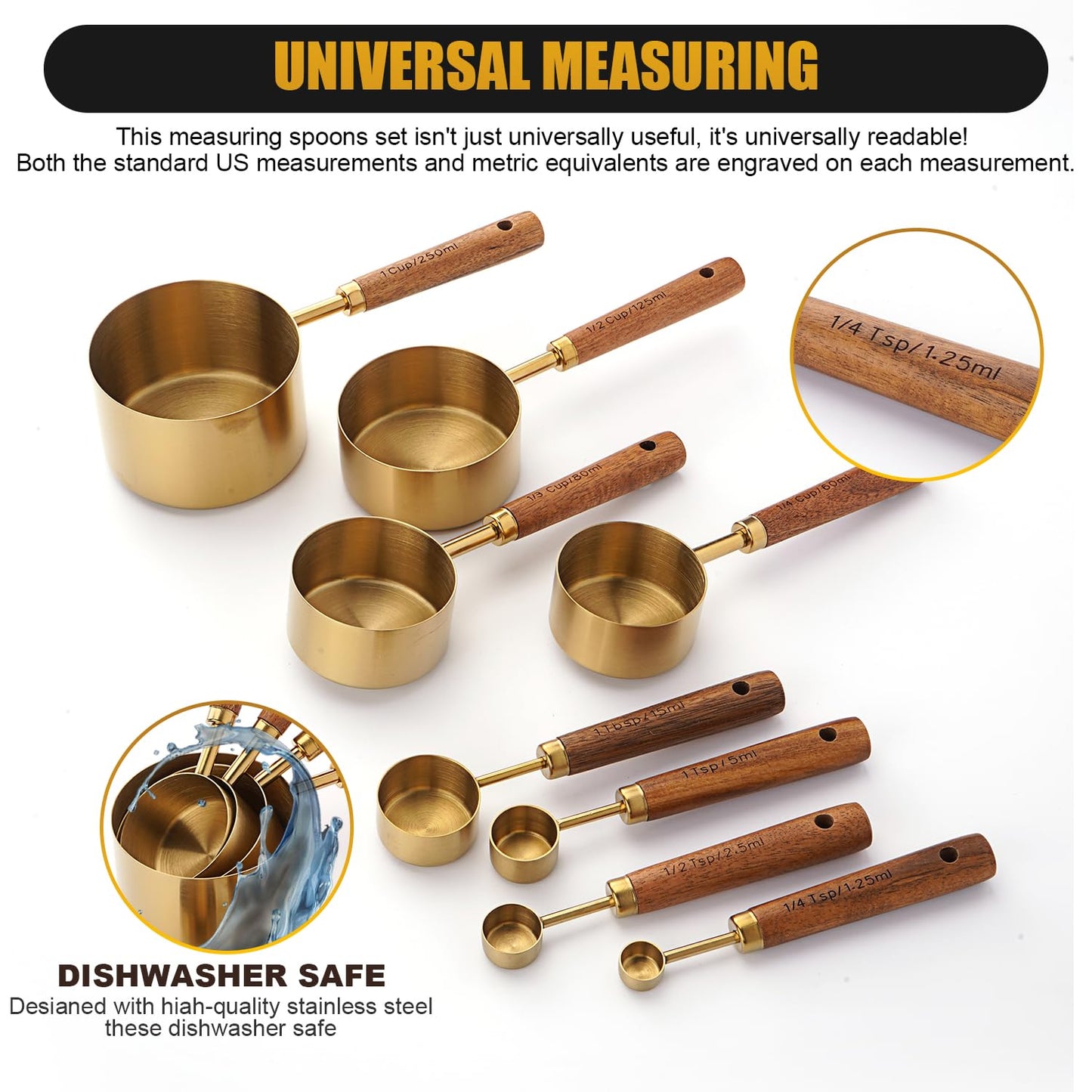 Gold Measuring Cups and Spoons Set with Wood Handles, Premium Stainless Steel Measuring Spoons and Measuring Cups Set 8 Pcs (Gold)