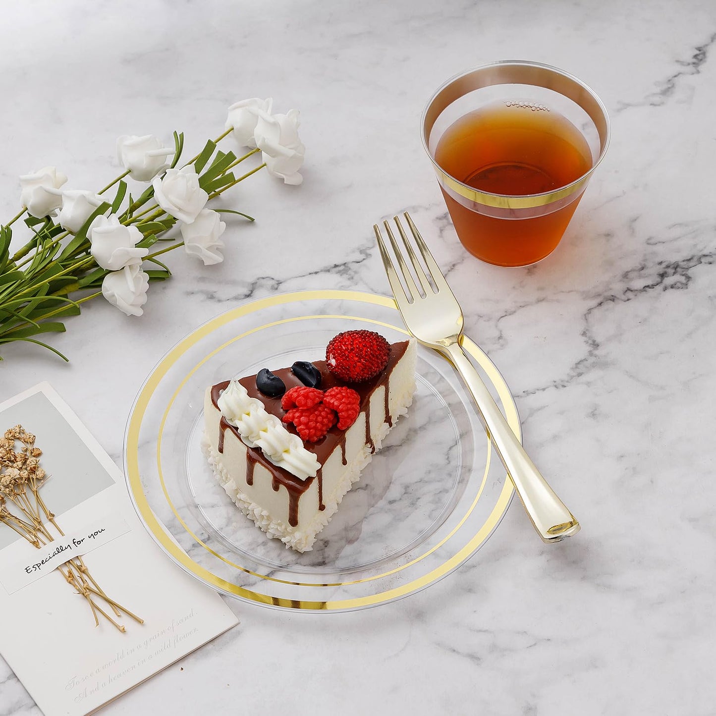 BESTVIP 100PCS Clear Plastic Plates, 10.25 Inch Disposable Dinner Plate Party with Gold Rim, Heavy Duty Disposable Plastic Plates for Party, Wedding and Birthday, Christmas, Thanksgiving