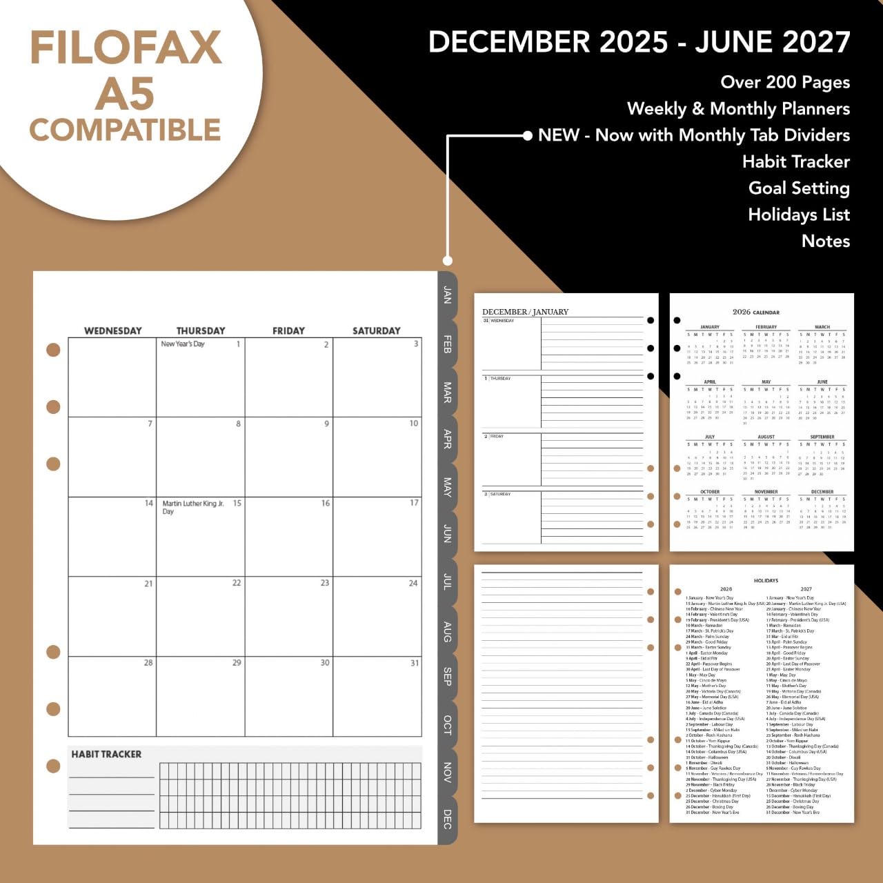Wanderings A5 Leather Binder Planner - Refillable 6 Ring Journal with Inner Pockets - Hand-Crafted Genuine Leather Organizer- Filofax Compatible. 2026/27 Monthly Weekly Calendar with Notes - 6.75" x 9" (17 x 22.5cm)