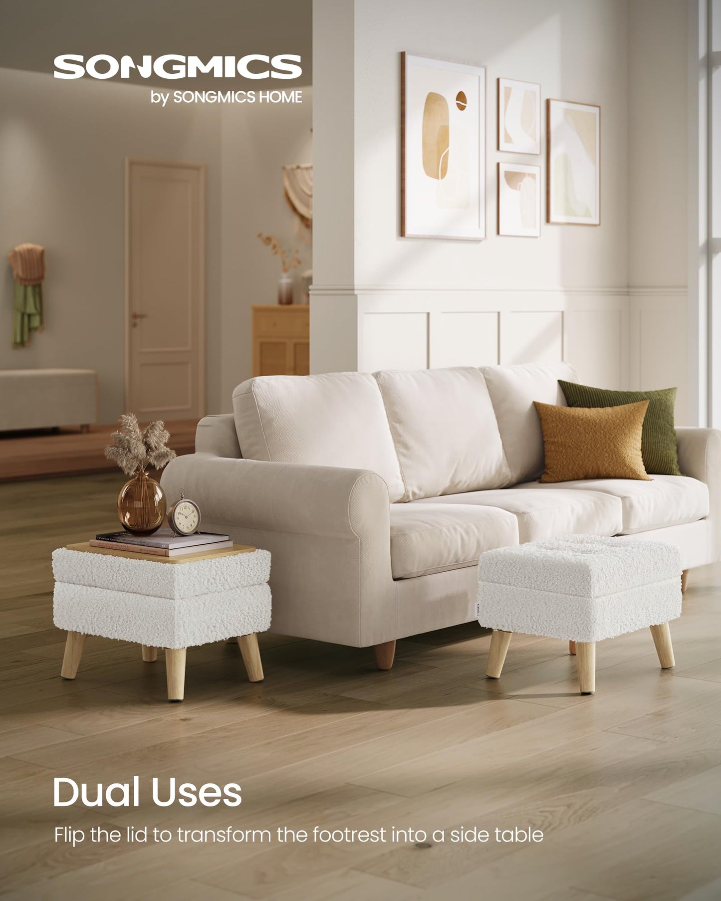SONGMICS Storage Ottoman, Foot Stool, Ottoman with Padded Seat, Foot Rest with Wood Legs, Small Table, for Hallway, Living Room, 30 x 40 x 30 cm, Teddy Fleece, Cream White ULOM518WD01