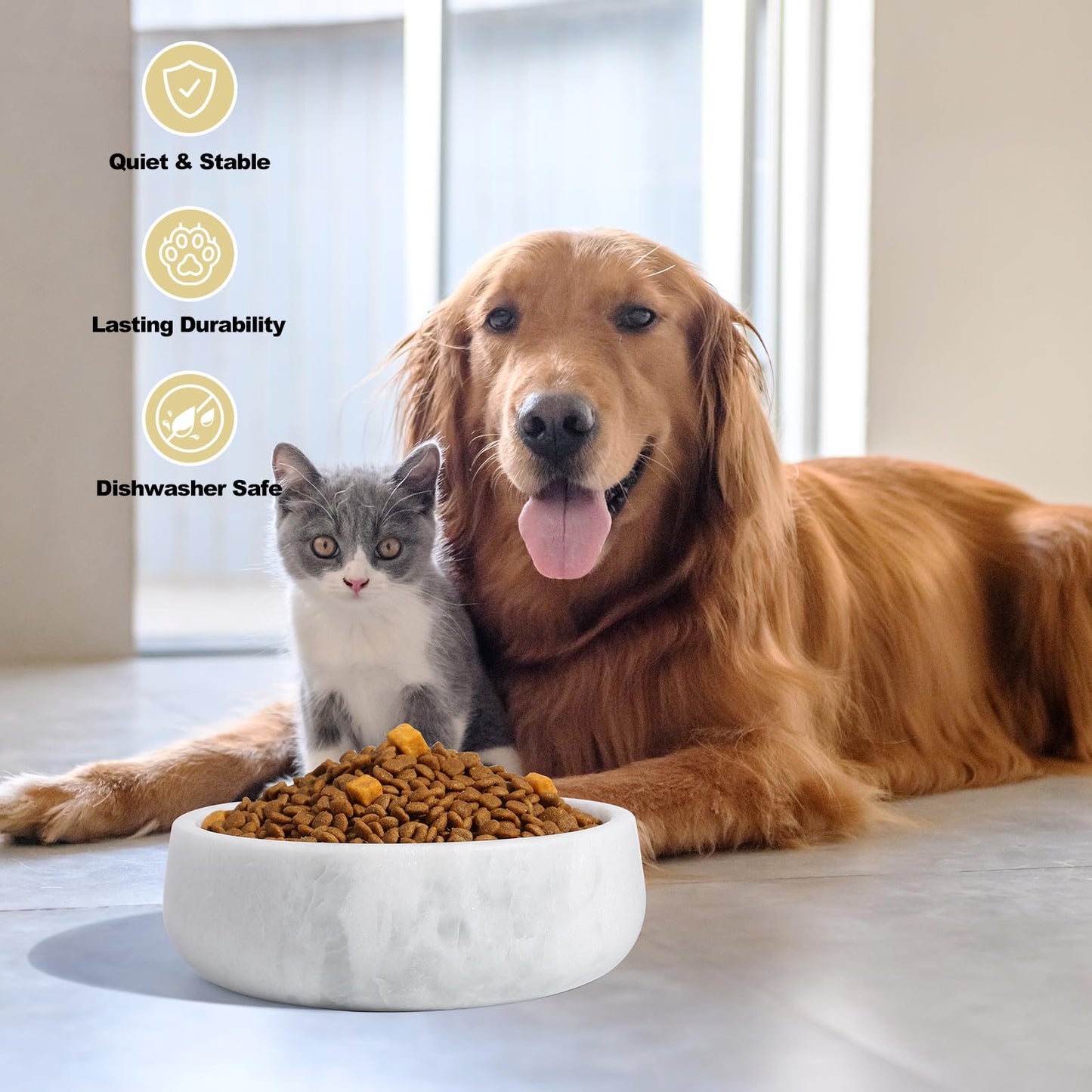 White Marble Dog Bowls, Non-Slip Dog Food Water Bowl Small, Pet Bowl for Cats and Medium Dogs, African Natural Marble, Holds 4 Cups(5lbs)