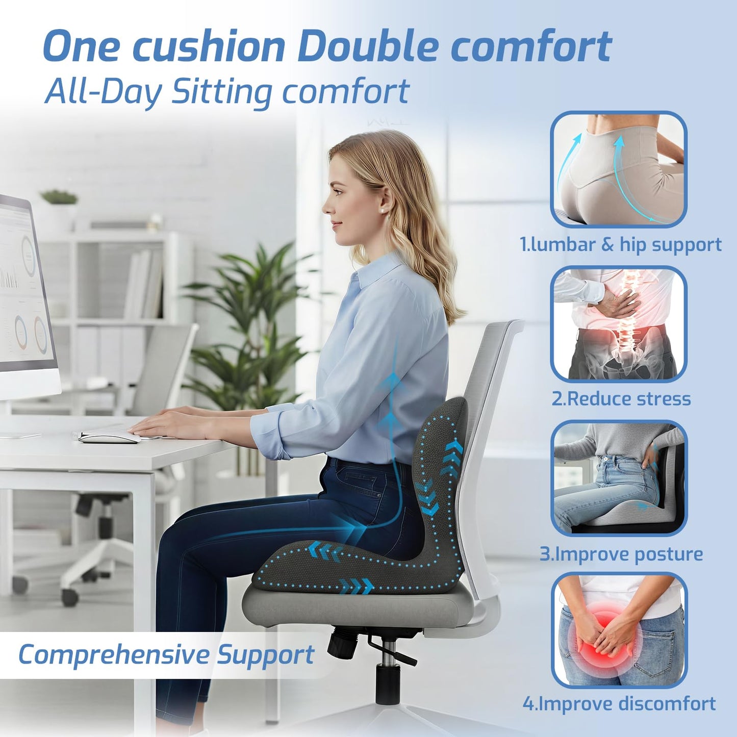 Ergonomic Seat Cushion,Memory Foam Cushion for Office Chair,Non Slip Car Seat Cushion,Designed for Long Sitting,Tailbone,Back Pain Relief,for Office,Home,Car Drivers,Desk Chair