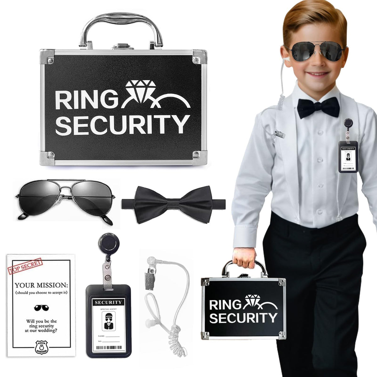 COSLANLEE Ring Security Wedding Ring Bearer Box With Rings Holder Pad, 7PCS Ring Security Box Ring Bearer Proposal Gifts Set with Boys Glasses, Earpiece, Badge, Bow Tie, Mission Card for Ceremony