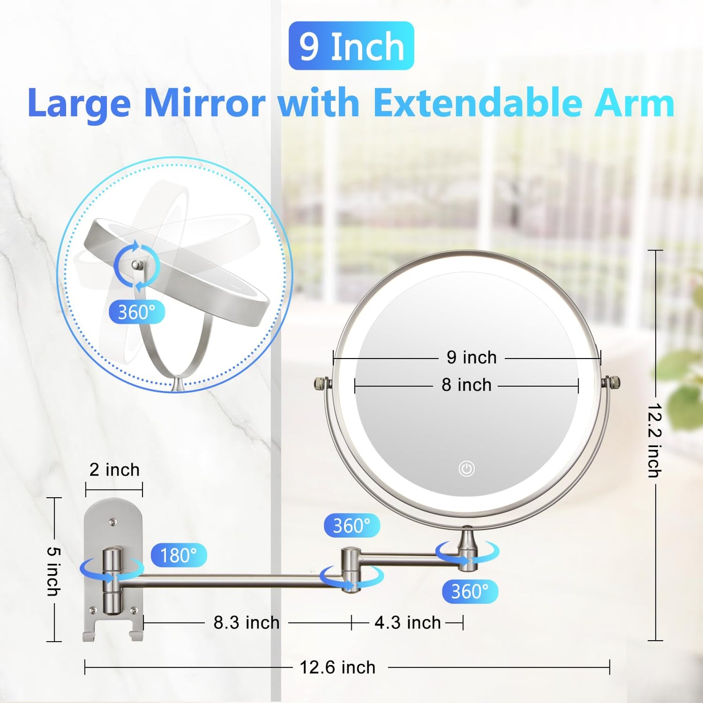 9" Wall Mounted Lighted Makeup Mirror, Rechargeable 1X/15X Magnifying Mirror with Light Double Sided, 3 Color Lights Dimmable 360 Rotation Shaving Light up Mirror with Hook, Nickel