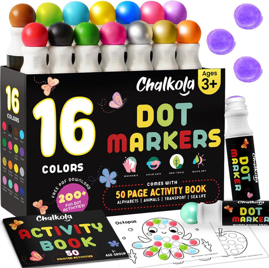 Chalkola 16 Washable Dot Markers for Toddlers | w/ 50 Page Coloring Activity Book Kit, Bingo Daubers | Preschool Paint Dot Art Set - Toddler Painting Craft and Art Supplies for Kids Ages above 3