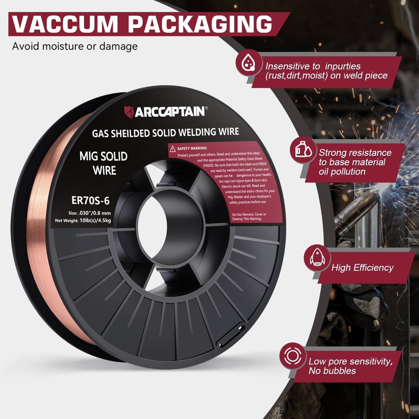 ARCCAPTAIN Mig Welding Wire, .030 Mig Wire ER70S-6 10Lbs Gas Solid Carbon Steel Low Splatter & High Levels of Deoxidizers Mig Welding Wire Compatible with Lincoln Miller Forney Harbor Welder