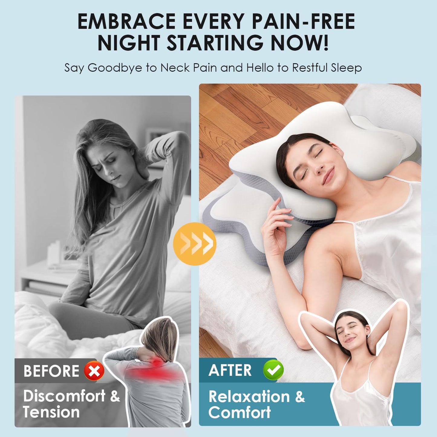 Delyoly Cervical Neck Pillow for Sleeping - Memory Foam Contour Pillow for Neck Pain Relief, Ergonomic Support for Side and Back Sleepers, Orthopedic Pillow with Breathable Ice Silk Cover（White）