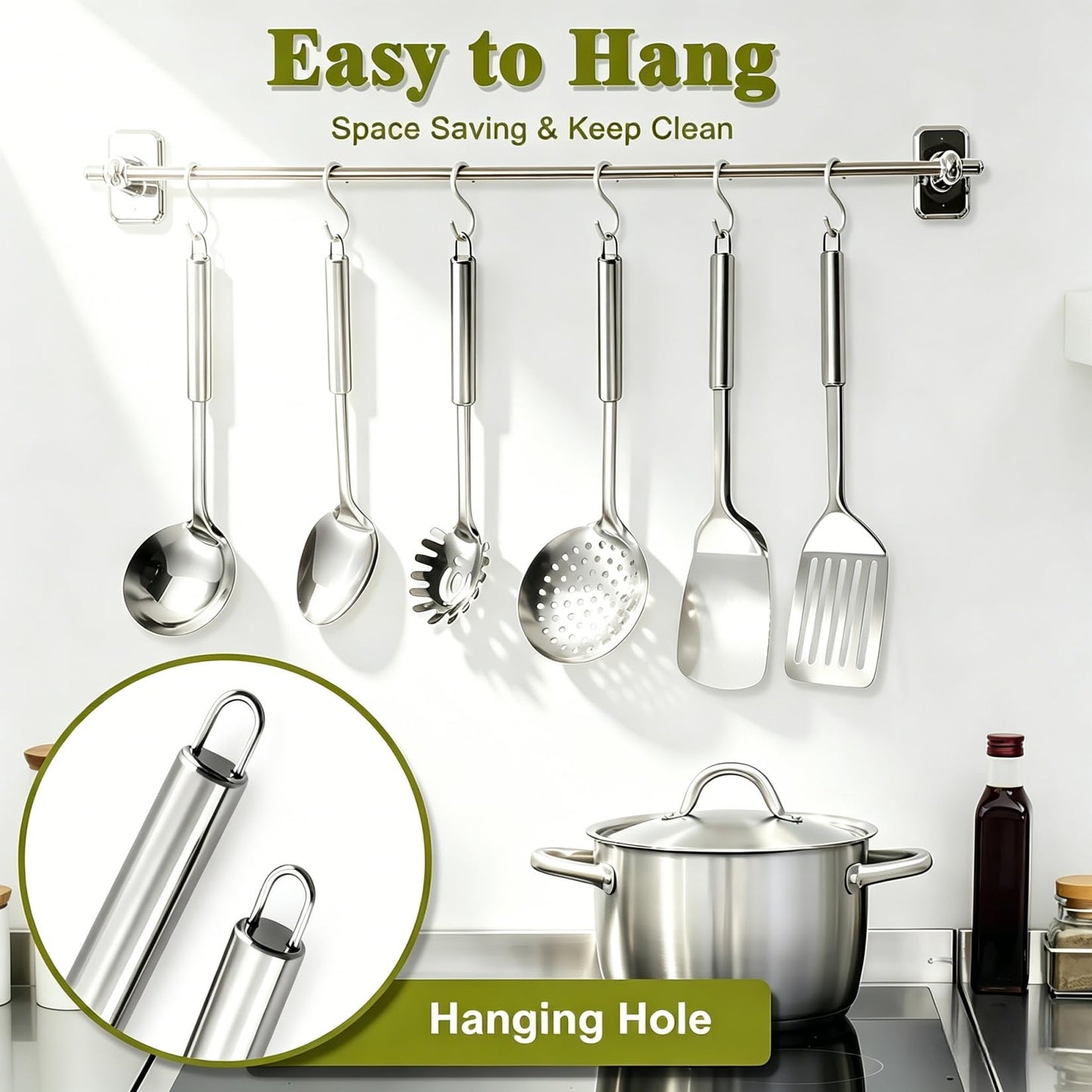 Stainless Steel Kitchen Utensils Set - 12pcs Cooking Utensil Set with Holder, Heat Resistant Metal Spatula Sets for Cooking, Stainless Steel Utensils Set with Turner Potato Masher Spoon Tong Whisk