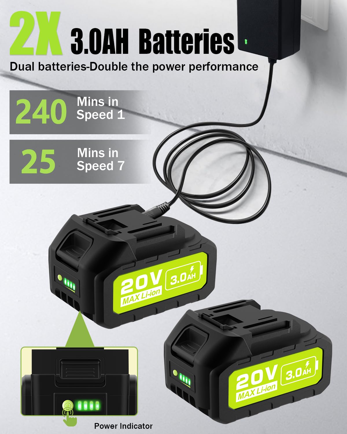 BLSKBY Leaf Blower Cordless 530CFM - 2 X 3.0Ah Battery and Fast Charger, 20V Cordless Leaf Blower with 7 Variable Speed for Yard and Garden