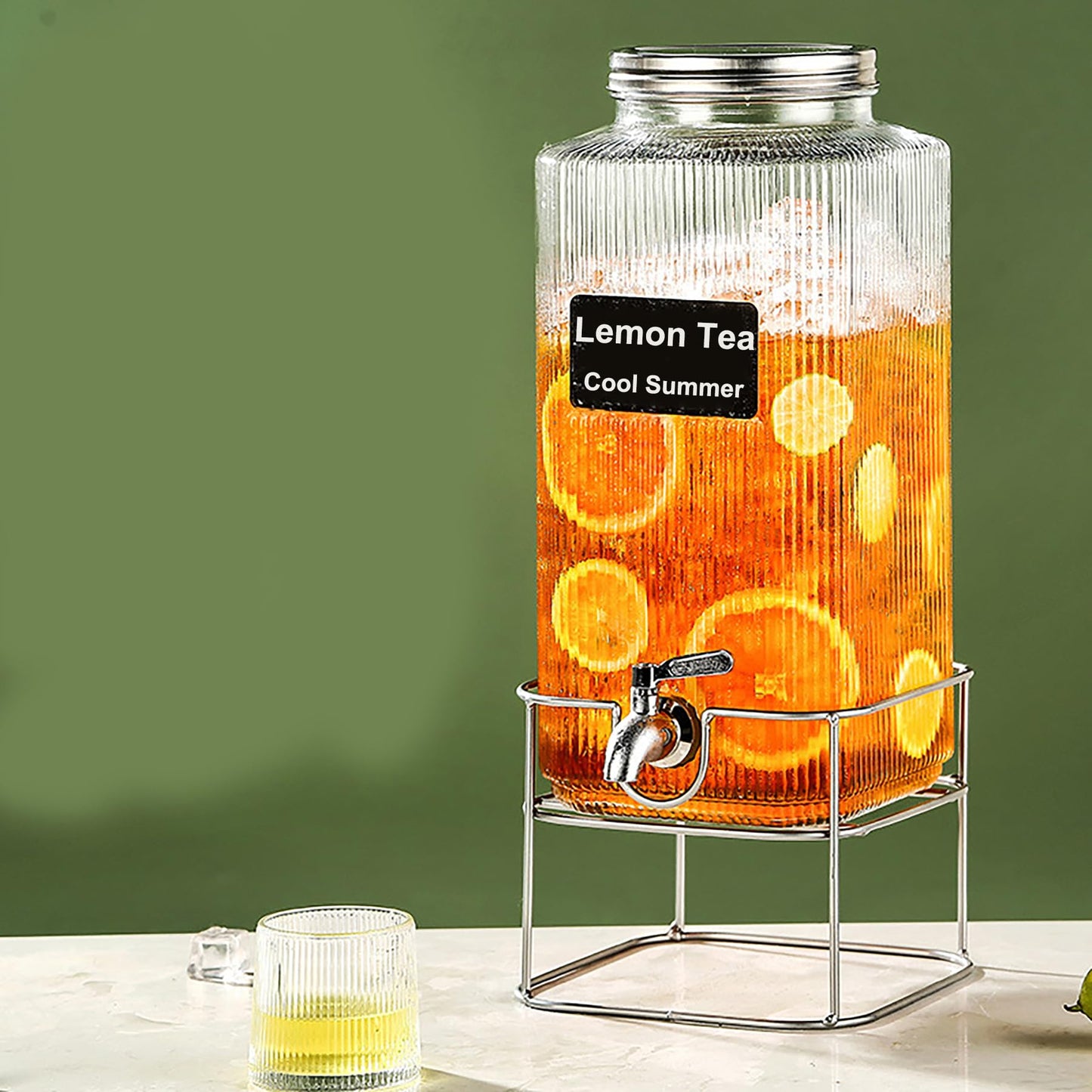 Lulonpon 6L(1.6 Gallon) Glass Drink Dispenser, Beverage Dispenser with Stainless Tap, Glass Water Juice Dispensers with Metal Stand, Water Jug with Tap Perfect for Parties, Weddings, Birthdays