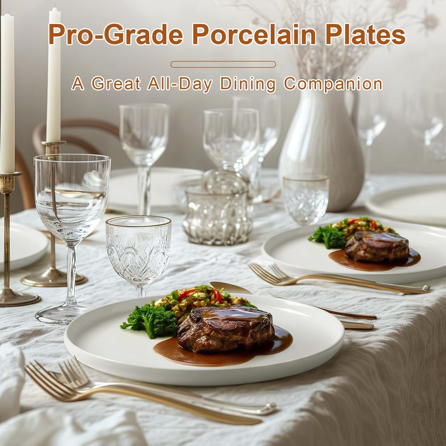 Jassceram 10.5 Inch Dinner Plates Set of 6, Modern Dinnerware Dishes Set for Family Dinner and Restaurant - Microwave, Oven and Dishwasher Safe, Scratch Resistant and Lead-Free, White