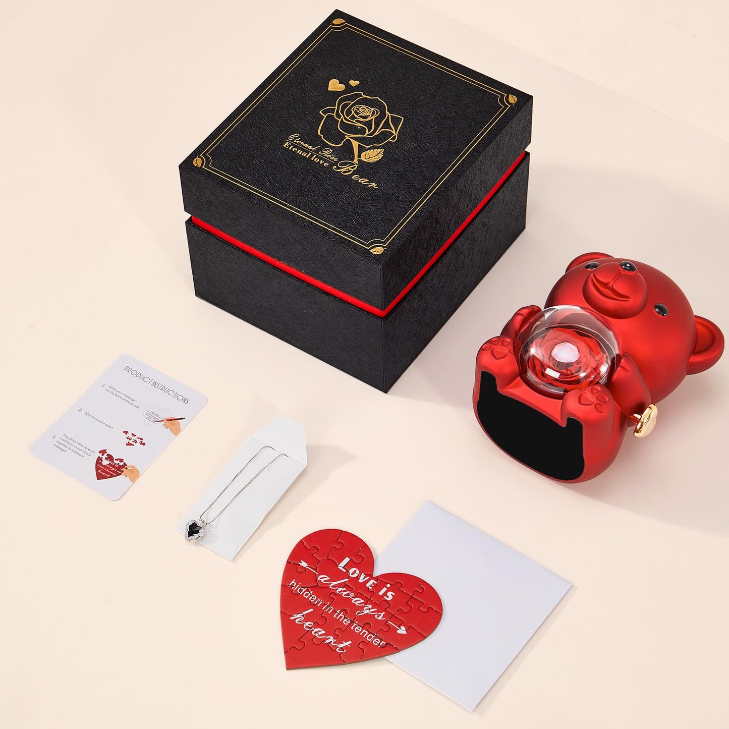 Mikasol Romantic Teddy Red Bear with Preserved Rose - Real Rose in Elegant Black Gift Box for Valentine's Day, Anniversaries, Weddings, Bridal Showers, and Mother's Day