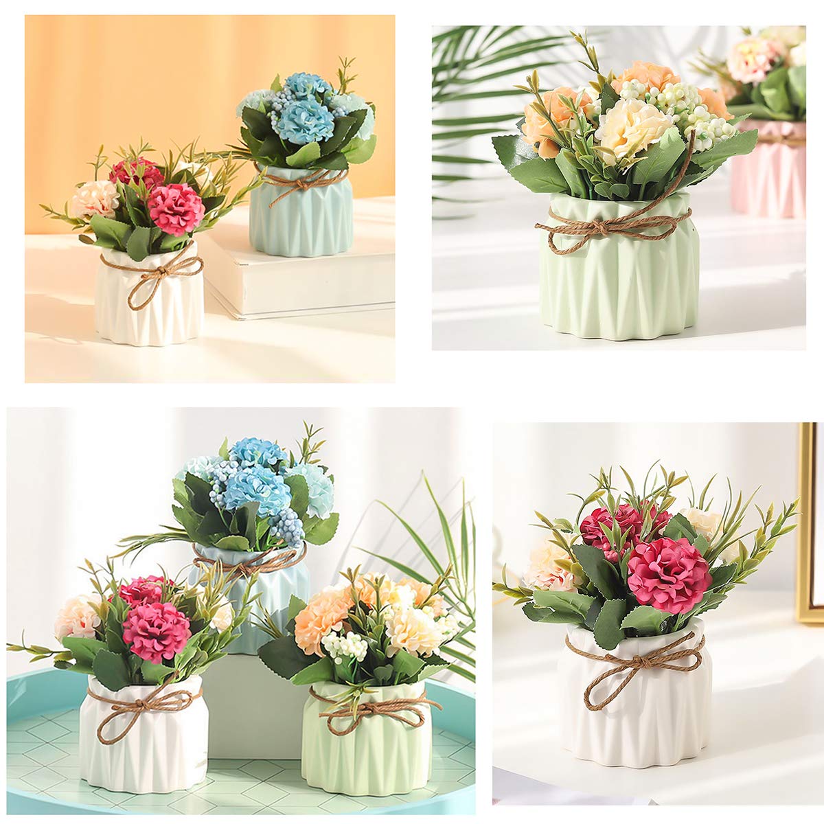 Artificial Flower Plants – Mini Fake Hydrangea Flowers in Pot for Home Decor Party Wedding Office Patio Table Desk Decoration (Set of 4)