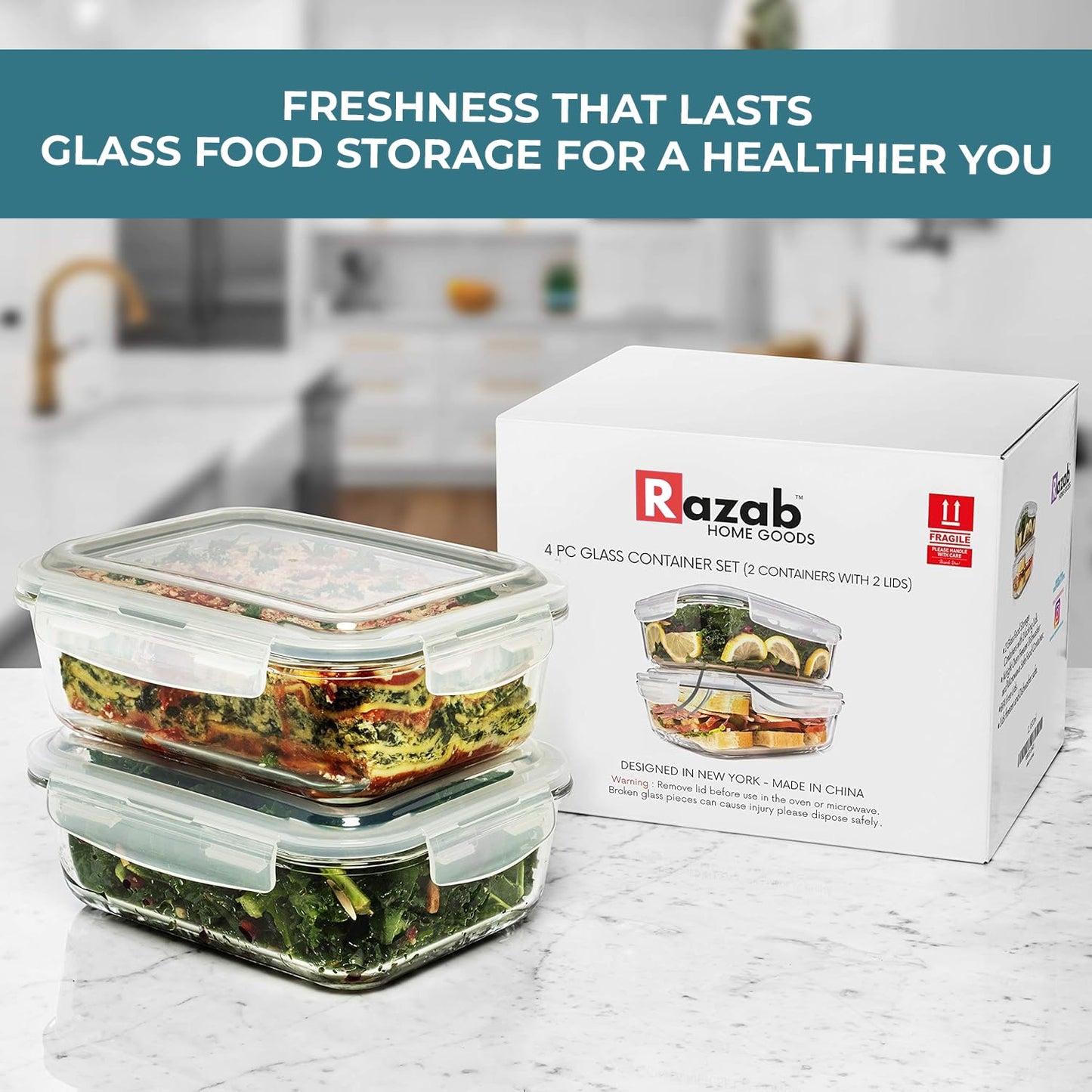 Razab 6.5 Cups / 52 Oz 2 Pack Large Glass Container Food Storage with Lids - Leakproof, BPA-Free Large Meal Prep Container Ideal for Roasting Turkey, Store Leftover - Microwave & Oven Safe