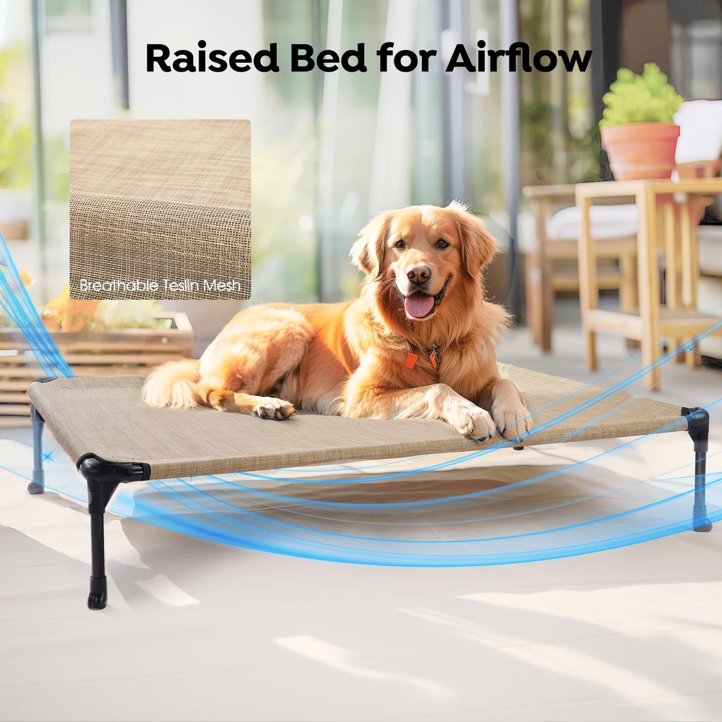 Veehoo Elevated Dog Bed, Lifted Dog Ded Add Waterproof Removable Pillow-Top Mat, Raised Pet Cot with Breathable Mesh, No-Slip Feet, Bolster Dog Cot Bed for Indoor & Outdoor, 81 x 64 cm, Beige