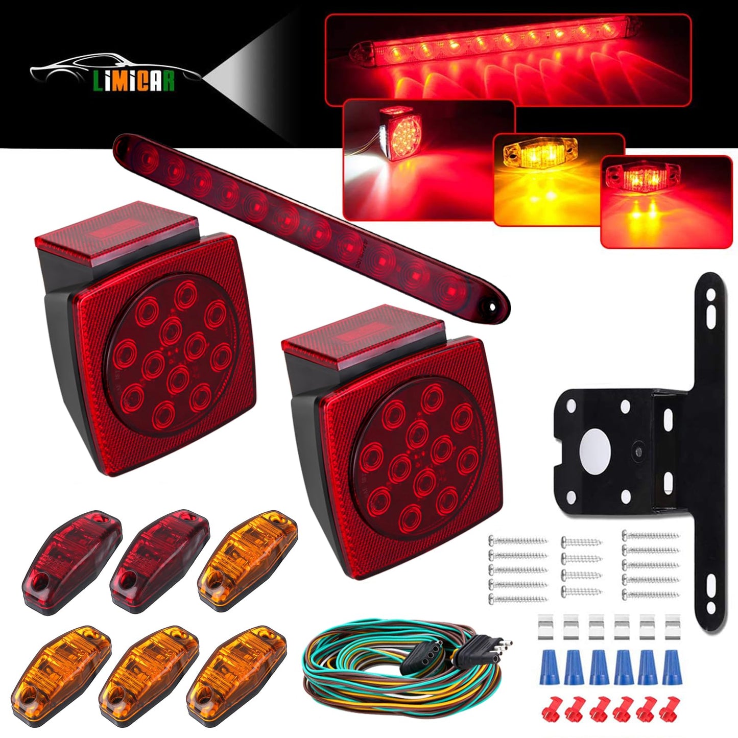LIMICAR LED Trailer Lights, Boat Trailer Submersible Lights, Red/Amber LED Marker Lights, 3rd Brake ID Bar, LED Trailer Lights Kit for Utility Trailer
