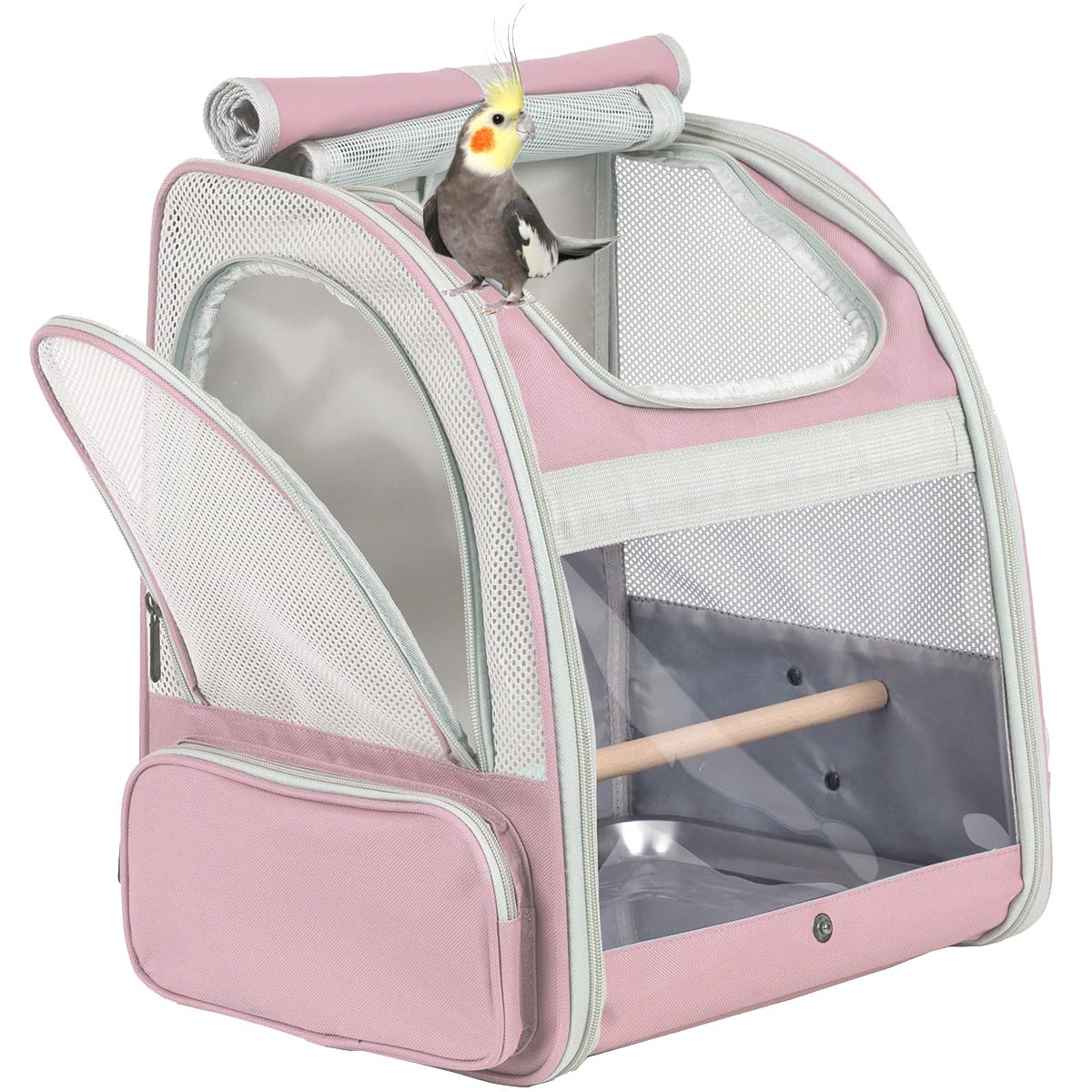 Bird Backpack Carrier, Backpack with Stand Perch and Metal Tray, Travel Carrier Backpack (Pink, Bird Backpack)