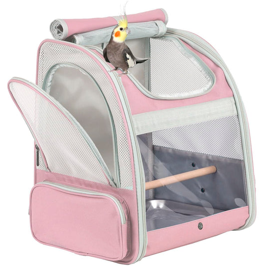 Bird Backpack Carrier, Backpack with Stand Perch and Metal Tray, Travel Carrier Backpack (Pink, Bird Backpack)