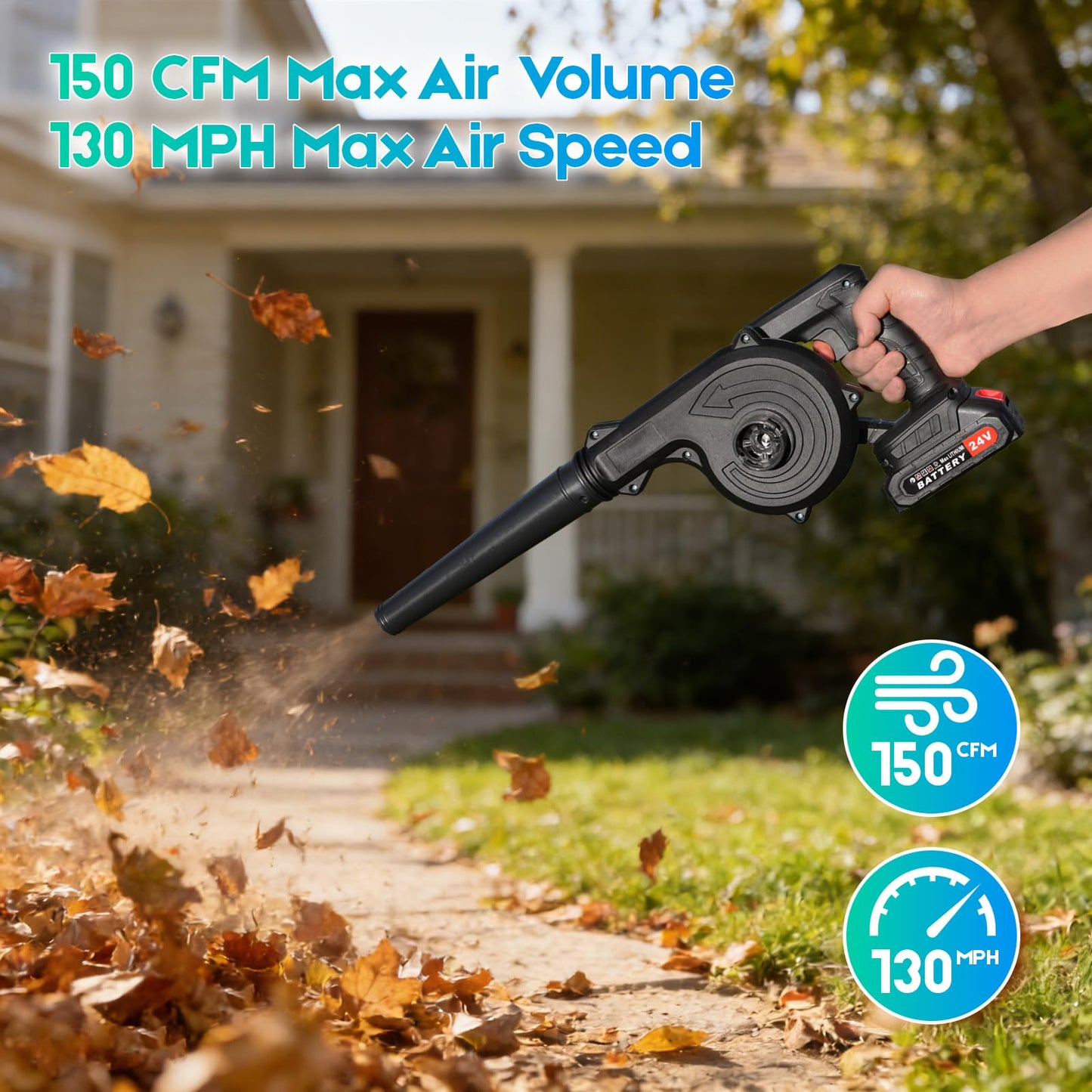 Xamanabu Cordless Leaf Blower - 2 x 24V 2.0Ah Battery and Charger, 150CFM 130MPH Electric Handheld Leaf Blower with Brushless Motor, Handle Electric Blower Cleaner