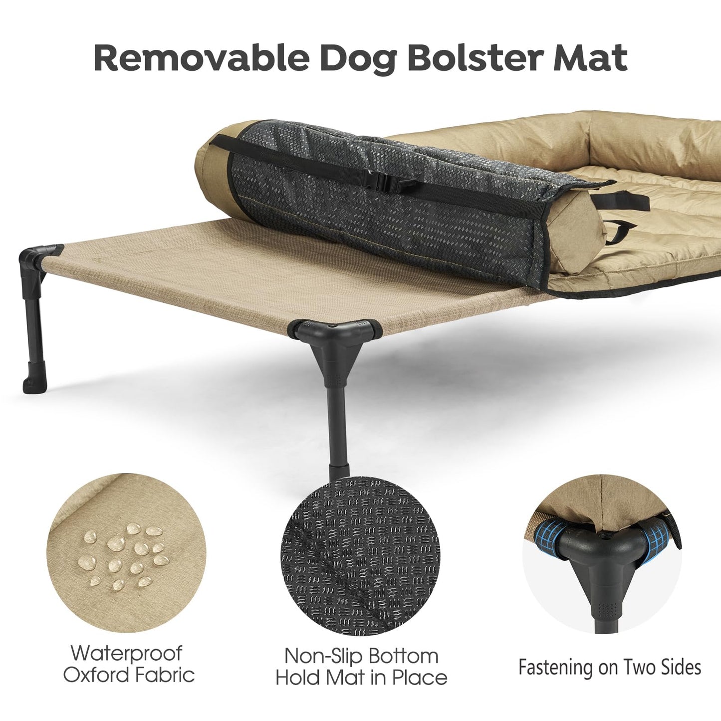 Veehoo Elevated Dog Bed, Lifted Dog Ded Add Waterproof Removable Pillow-Top Mat, Raised Pet Cot with Breathable Mesh, No-Slip Feet, Bolster Dog Cot Bed for Indoor & Outdoor, 81 x 64 cm, Beige