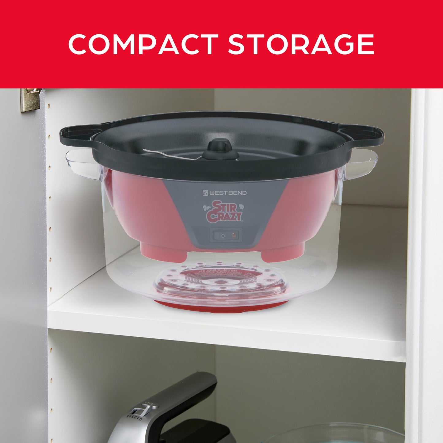 West Bend 82505 Stir Crazy Electric Hot Oil Popcorn Popper Machine with Stirring Rod Offers Large Lid for Serving Bowl and Convenient Storage, 6-quart, Red