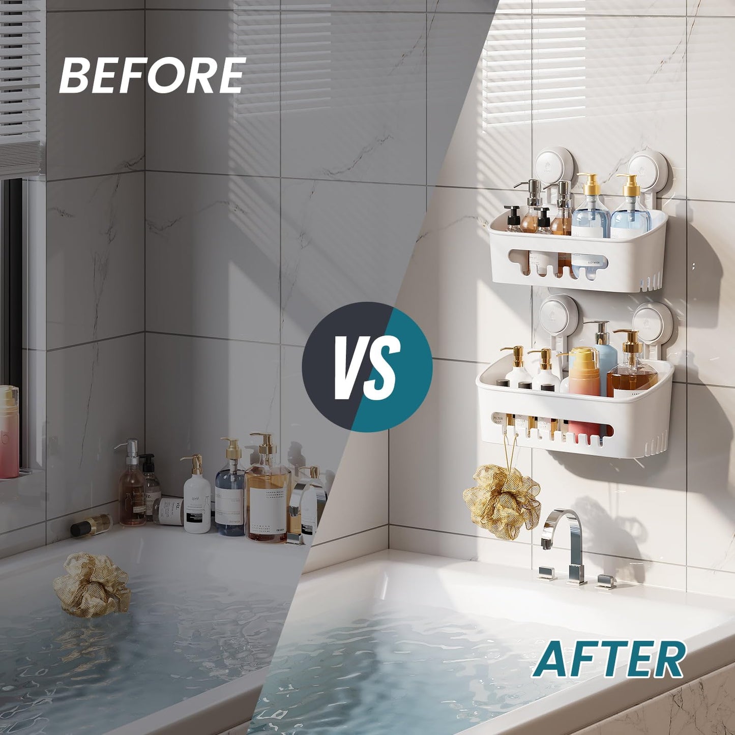 TAILI Suction Shower Caddy 2 Pack, Bathroom Shower Basket Wall Mounted Organizer Shelf for Shampoo, Body Wash, Conditioner, Plastic Shower Rack for Kitchen & Bathroom, Drill-Free Removable, Two Sizes