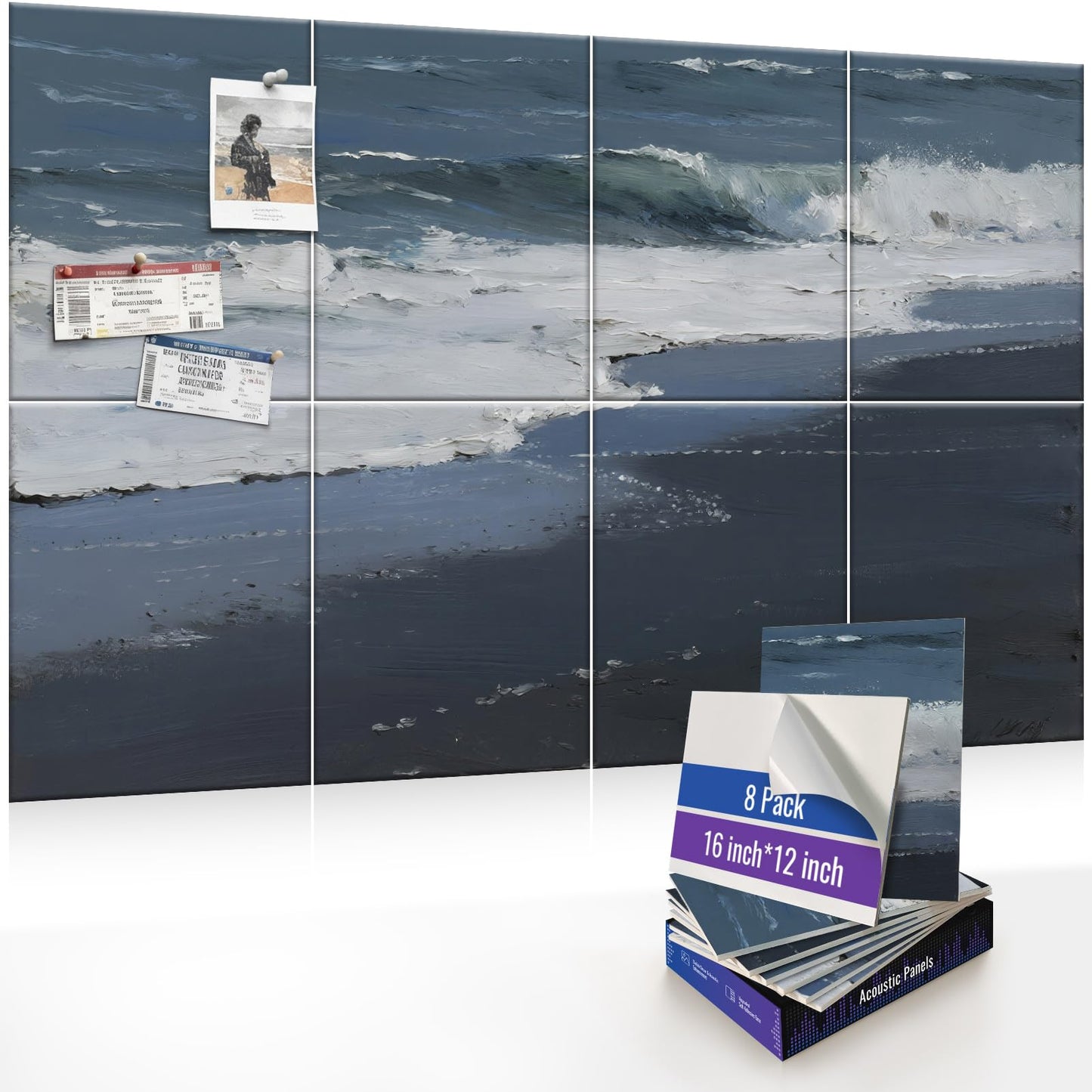 Acoupoly 8 Pack Art Acoustic Panels, Decorative Wall Panels, 47.2"x31.4" Self-Adhesive Sound Absorbing Panels for Home, Office, Recording Studio (Calm Waves)