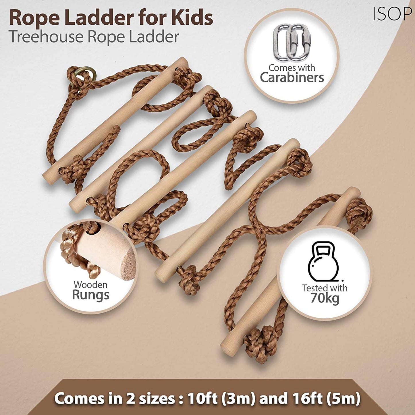 ISOP Swedish Wall Rope Ladder 6.5ft (2m) - Climbing Rope Ladder for Kids | Tree Ladders Play Equipment | Wooden Ladders with Spring Hooks | Playground Accessories | Kids Climbing Toys for Backyard