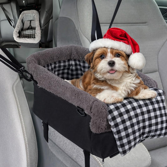 Console Small Dog Car Seat, Metal Frame Support Pet Car Seat, Soft Padded Upgraded Pet Portable Safety Booster Seat with Removable Headrest, Small Dog Car Console Safety Seat (Dark Gray)