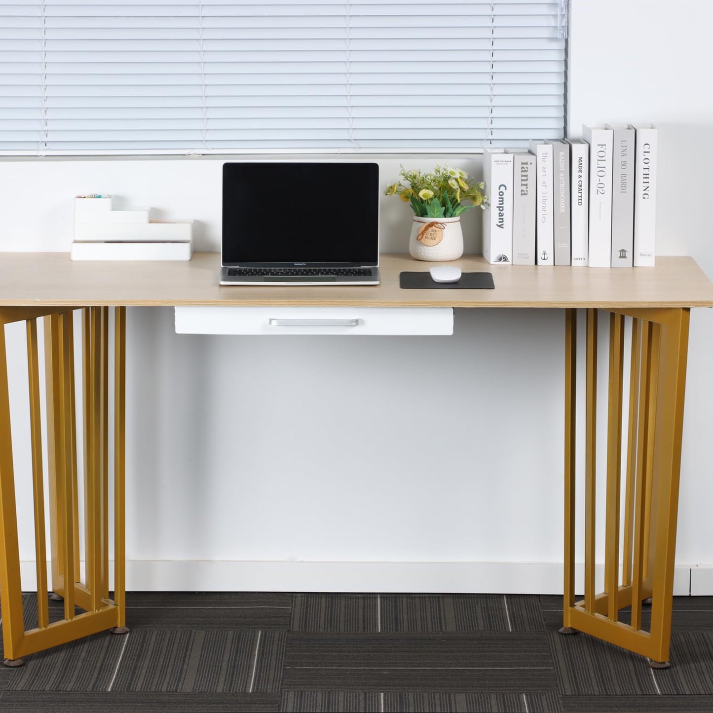 OSteed Under Desk Drawer White 54cm with 4 Divider Trays, Metal Pull Out Storage Drawer for Workbench, Standing Desk Drawer Attachment, Attachable Desk Organizer, Under Shelf Pencil Drawer Slide-out